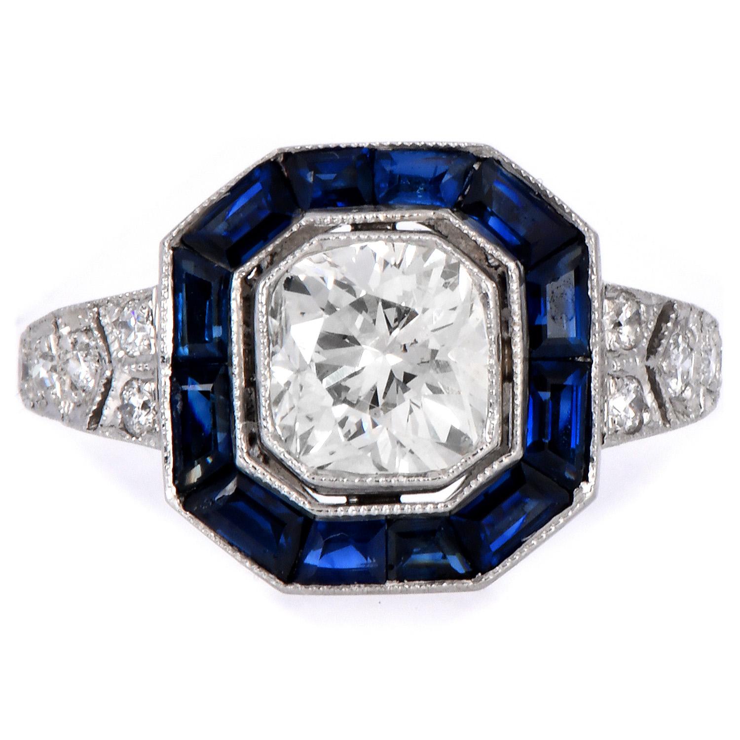 Art Deco Diamond 1.48cts Sapphire Platinum Engagement Ring In Excellent Condition In Miami, FL