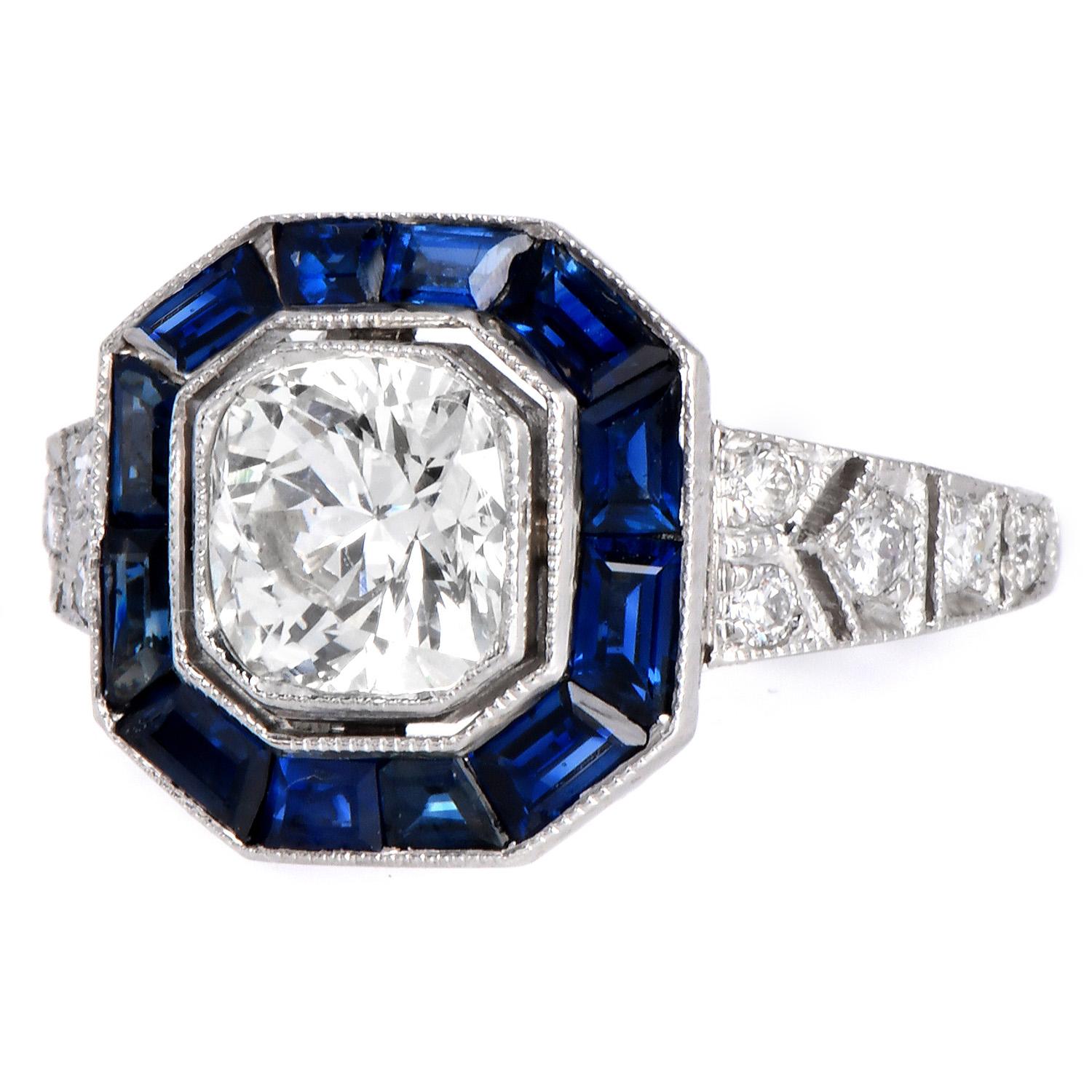 Women's Art Deco Diamond 1.48cts Sapphire Platinum Engagement Ring