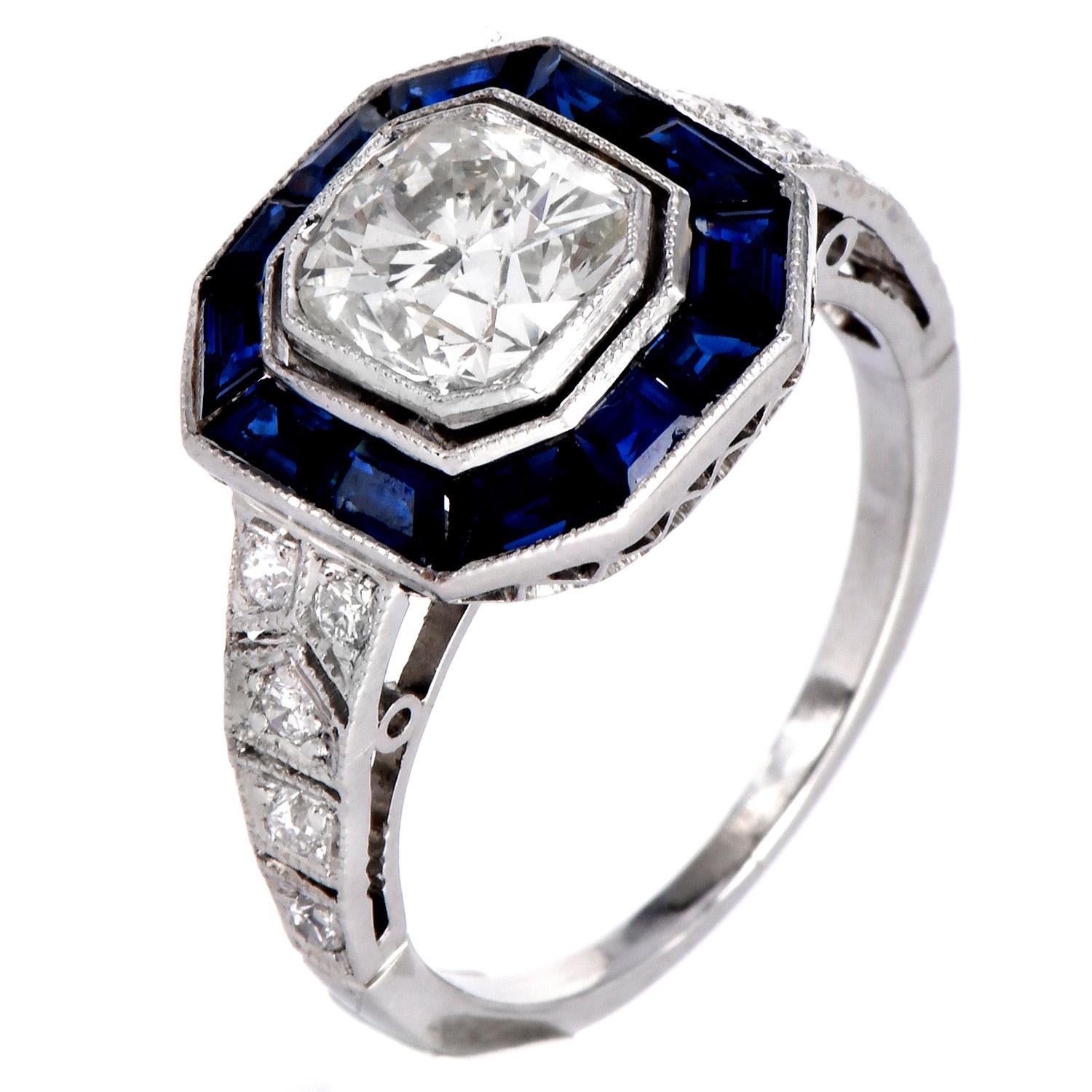 Art Deco Diamond 1.48cts Sapphire Platinum Engagement Ring 1