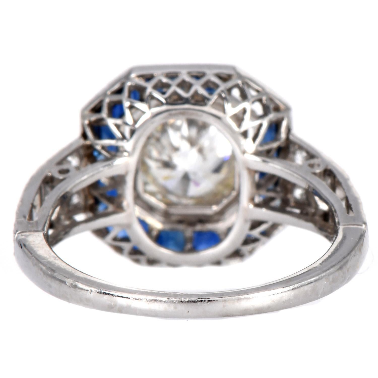 Art Deco Diamond 1.48cts Sapphire Platinum Engagement Ring 2