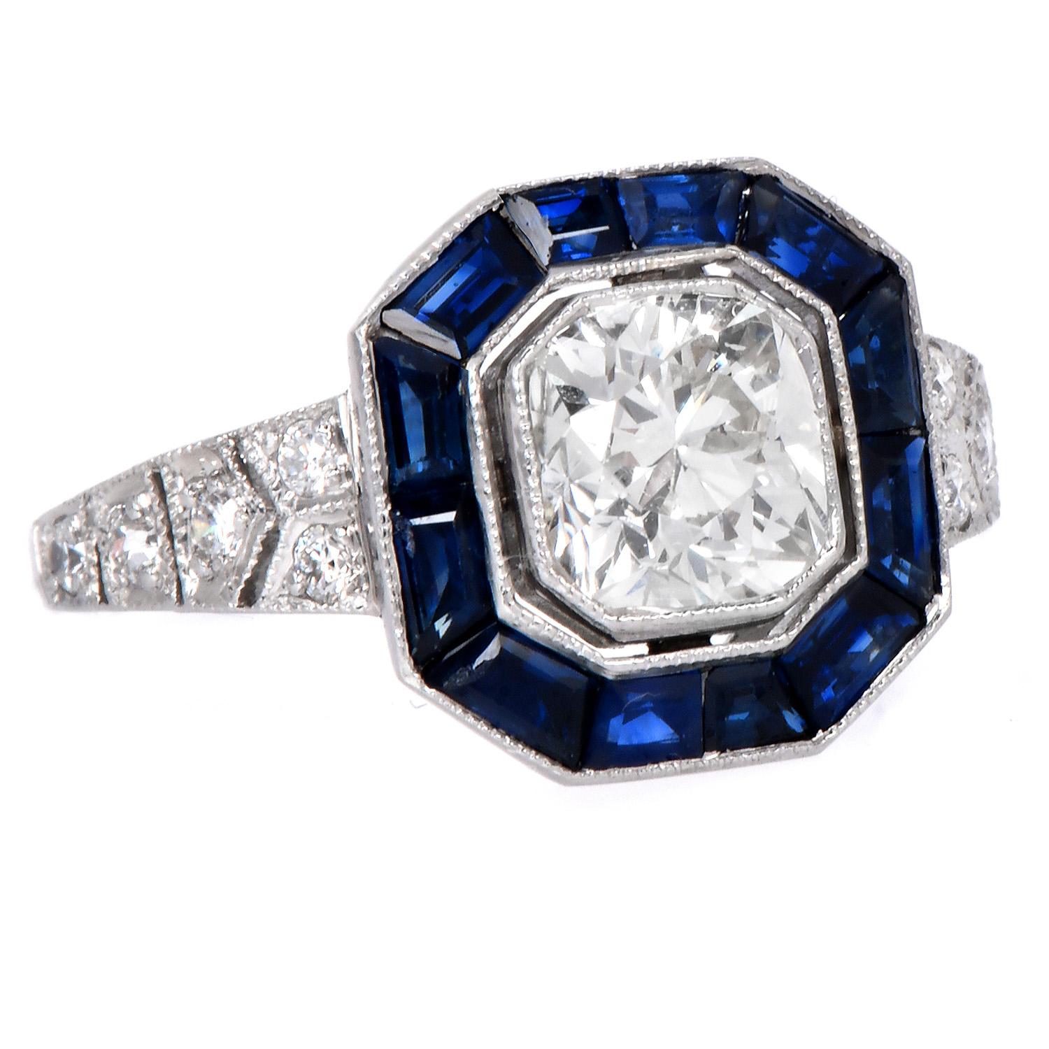 Art Deco Diamond 1.48cts Sapphire Platinum Engagement Ring 3