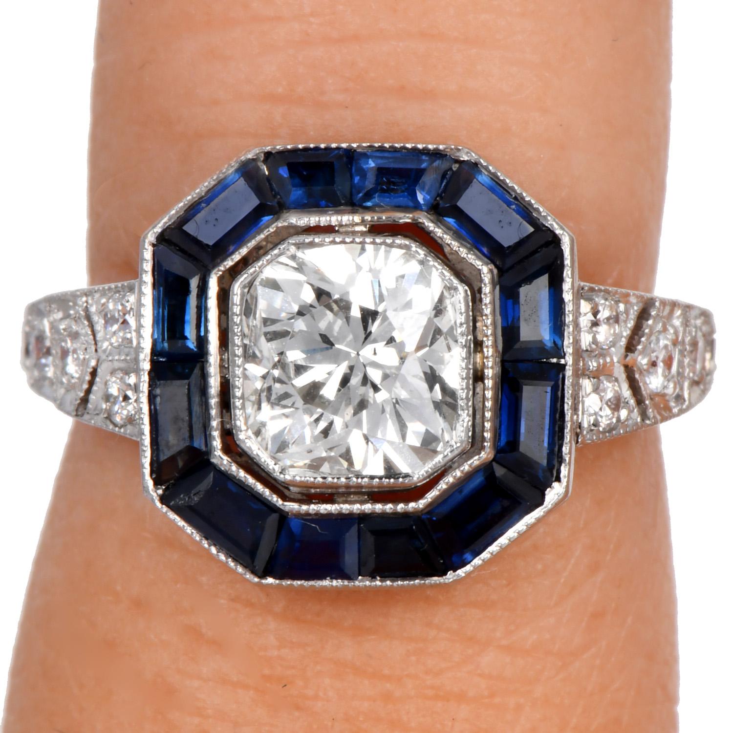Art Deco Diamond 1.48cts Sapphire Platinum Engagement Ring 4