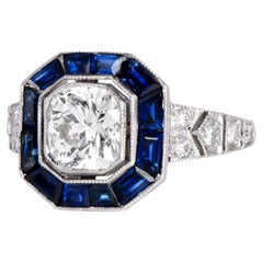 Art Deco Diamond 1.48cts Sapphire Platinum Engagement Ring