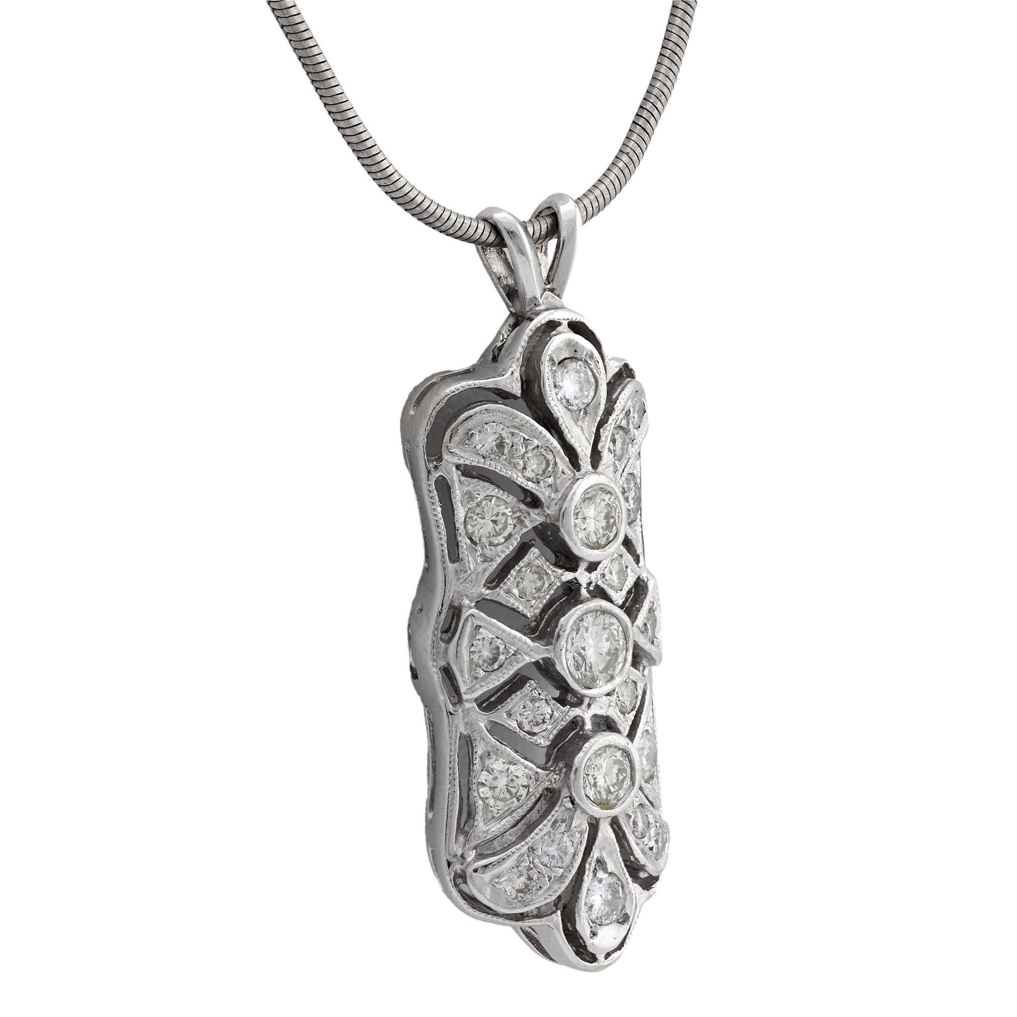 Art Deco Diamant 14k Weißgold und Silber Halskette (Art déco) im Angebot