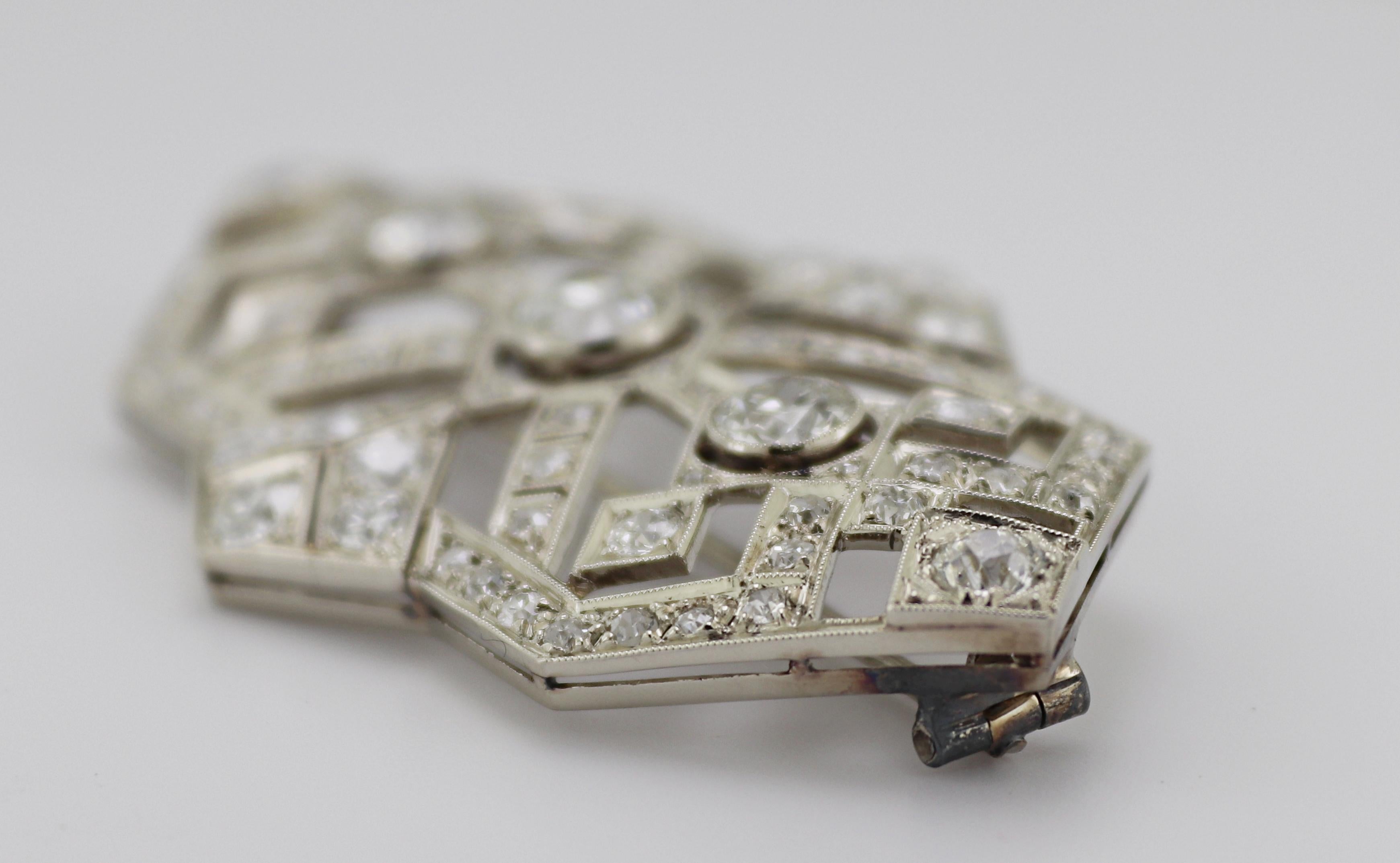 Artisan Art Deco Diamond, 14K White Gold Brooch For Sale