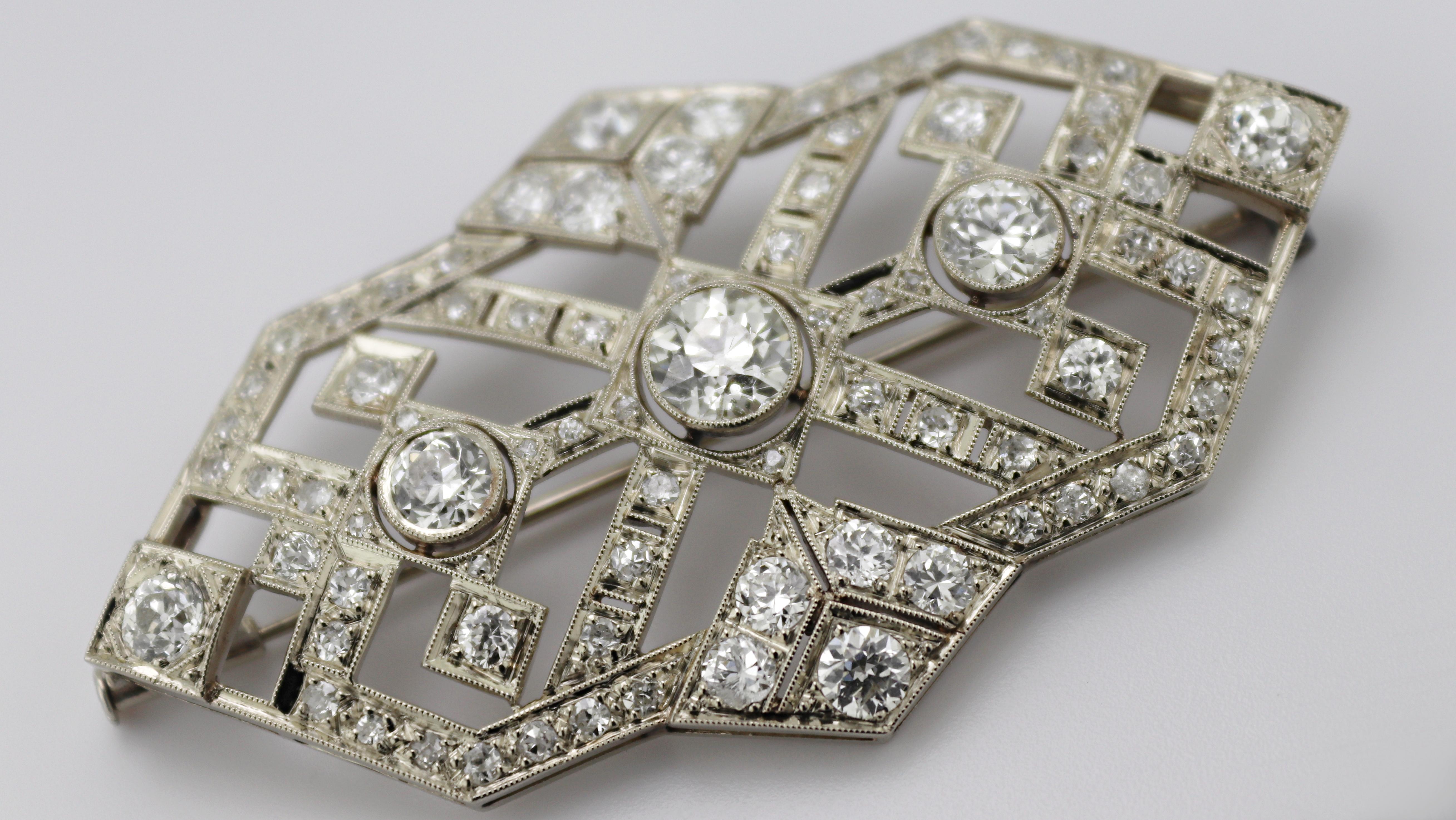 Art Deco Diamond, 14K White Gold Brooch For Sale 2