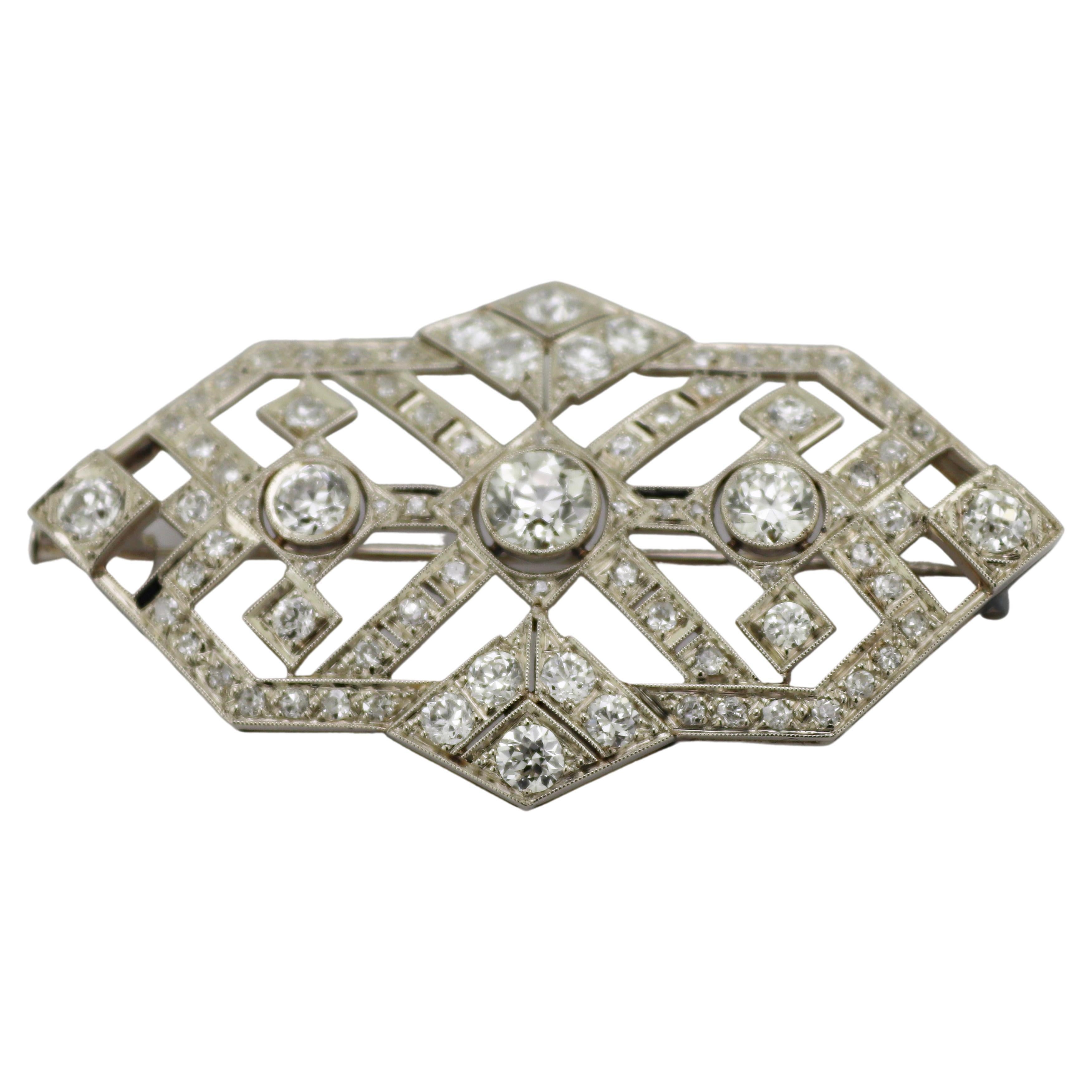 Art Deco Diamond, 14K White Gold Brooch For Sale