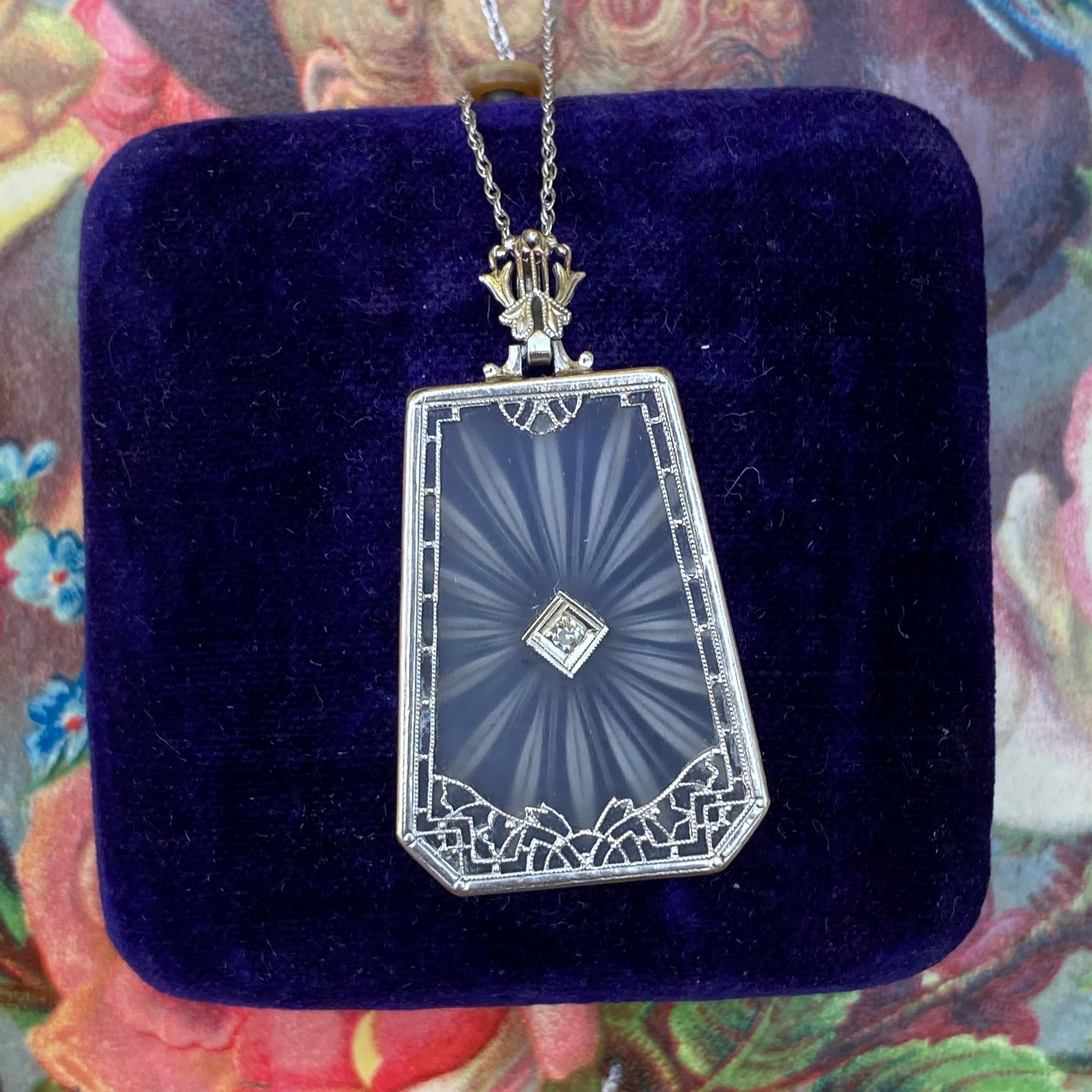 Art Deco Diamond 14k White Gold Filigree Necklace For Sale 2