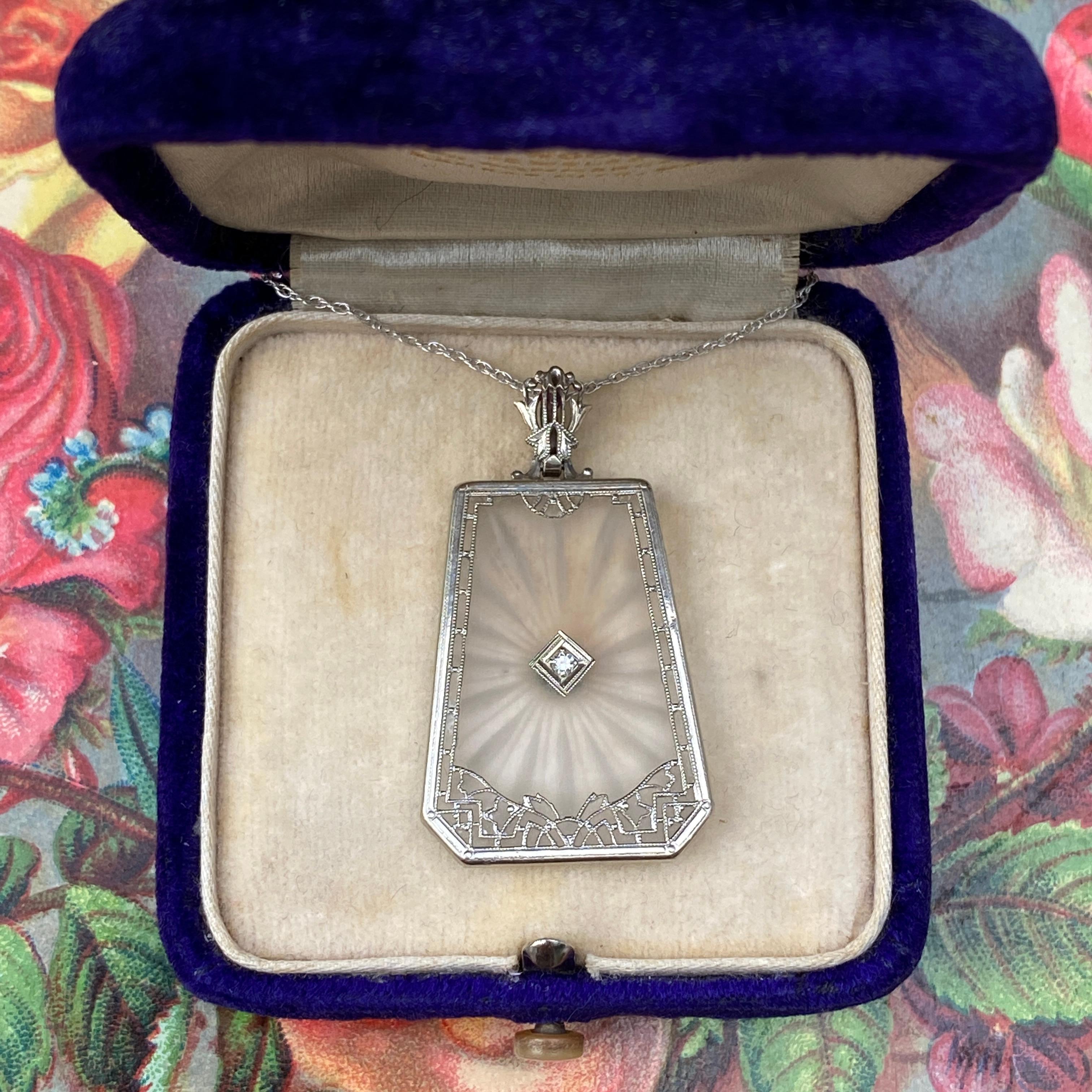 Art Deco Diamond 14k White Gold Filigree Necklace For Sale 3