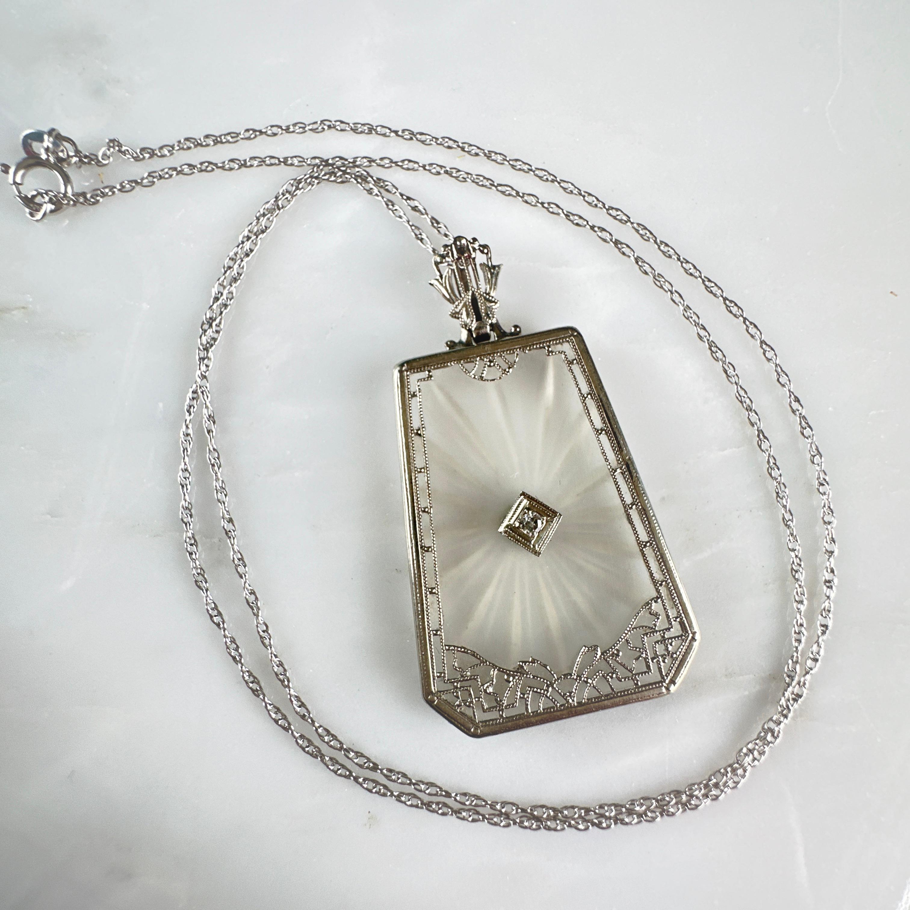 Art Deco Diamond 14k White Gold Filigree Necklace For Sale 5