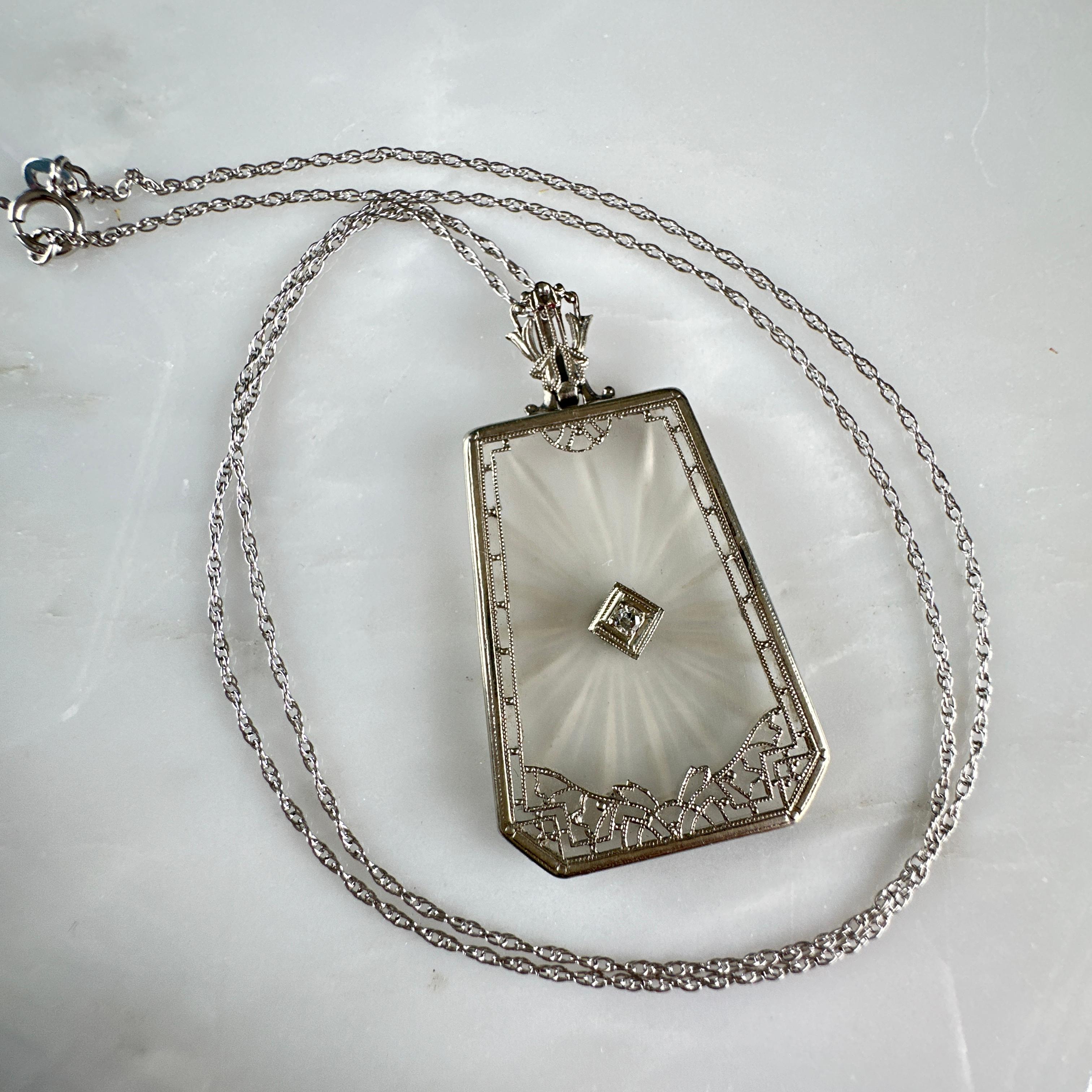 Art Deco Diamond 14k White Gold Filigree Necklace For Sale 6