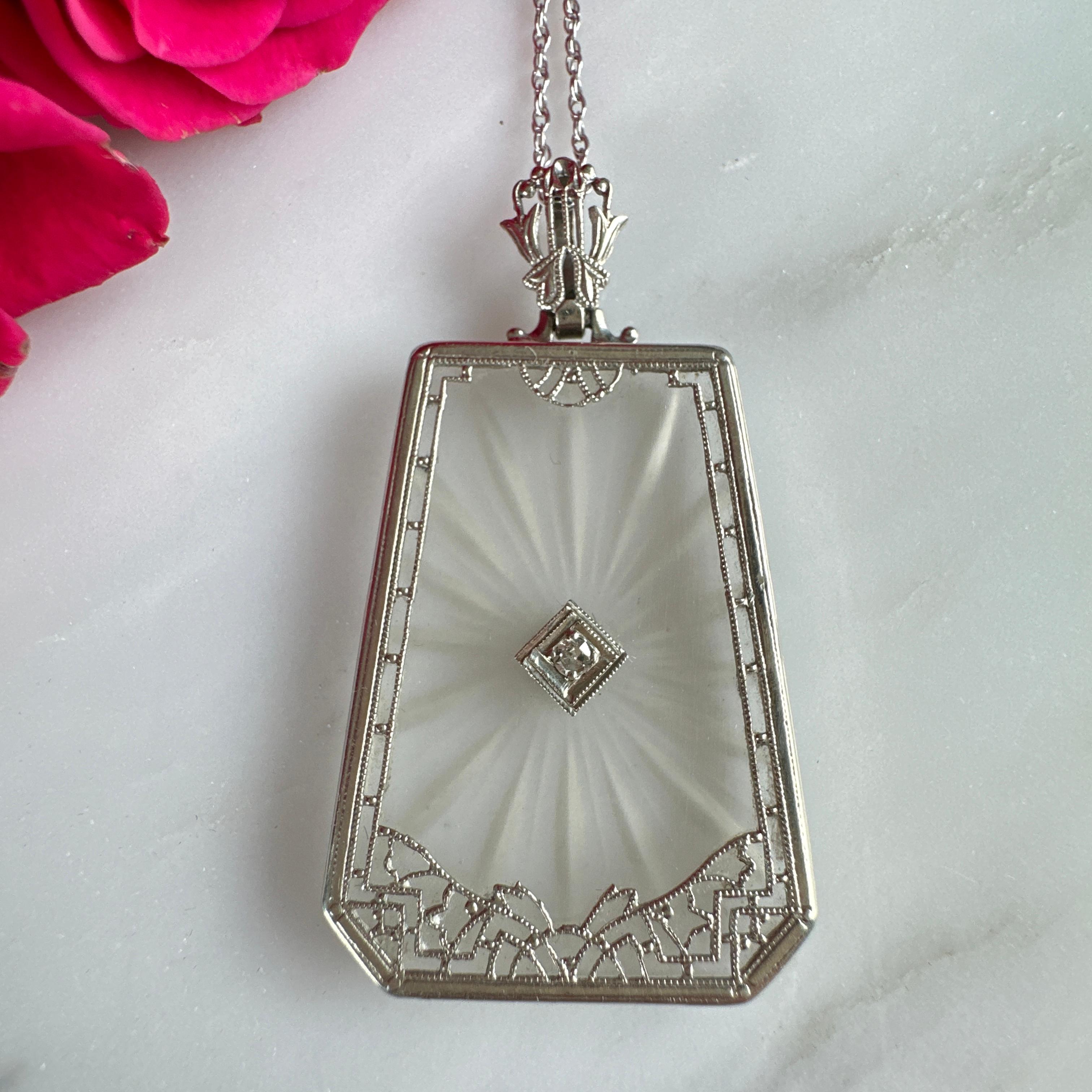 Art Deco Diamond 14k White Gold Filigree Necklace For Sale 7