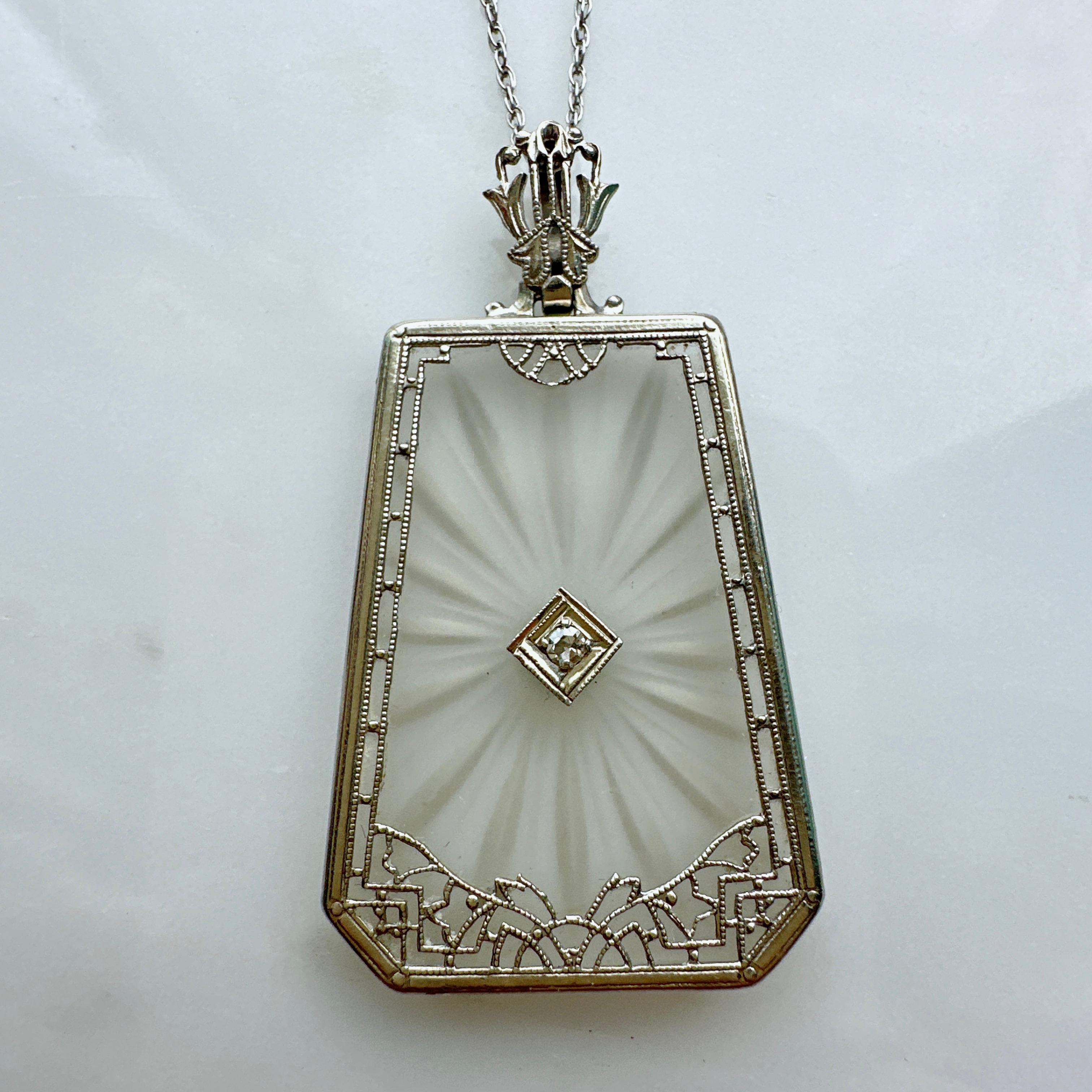 Art Deco Diamond 14k White Gold Filigree Necklace For Sale 8