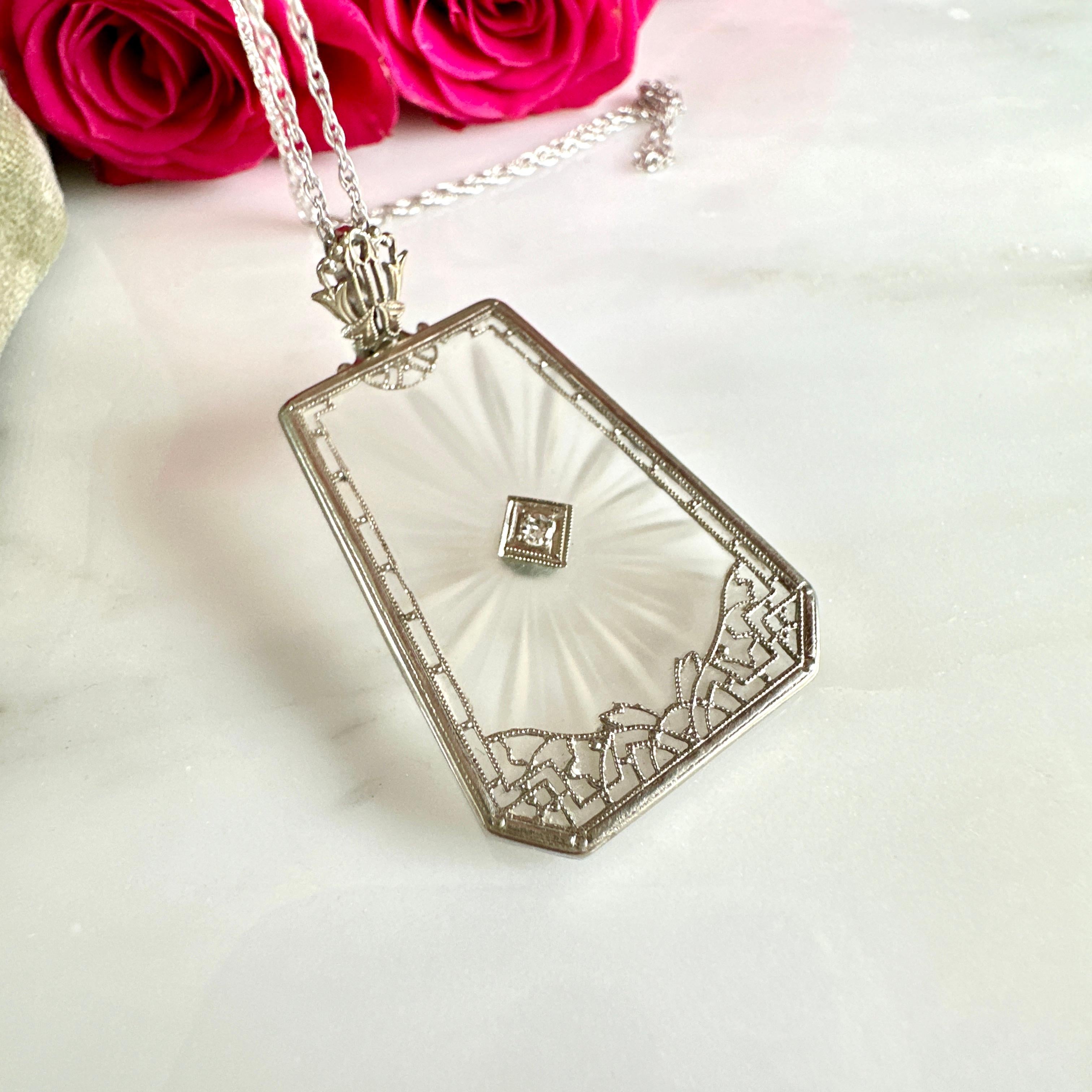 Filigrane Art-Déco-Halskette, Diamant 14k Weißgold im Angebot 11