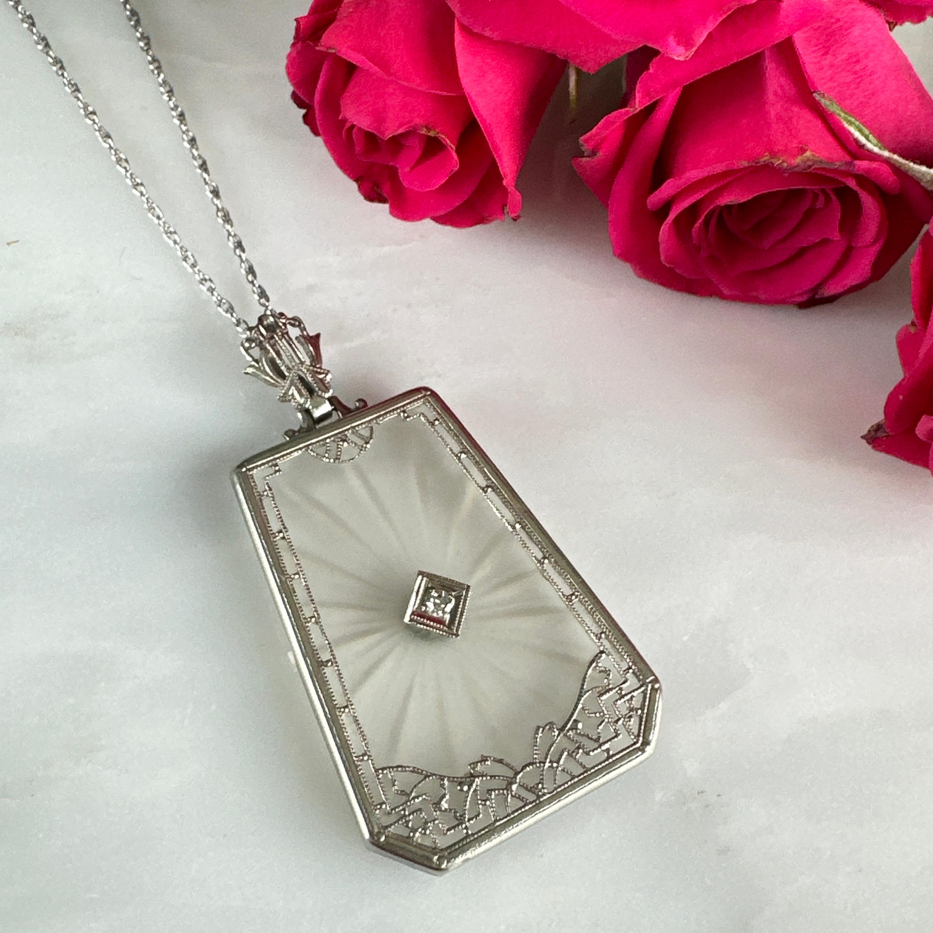 Art Deco Diamond 14k White Gold Filigree Necklace For Sale 10