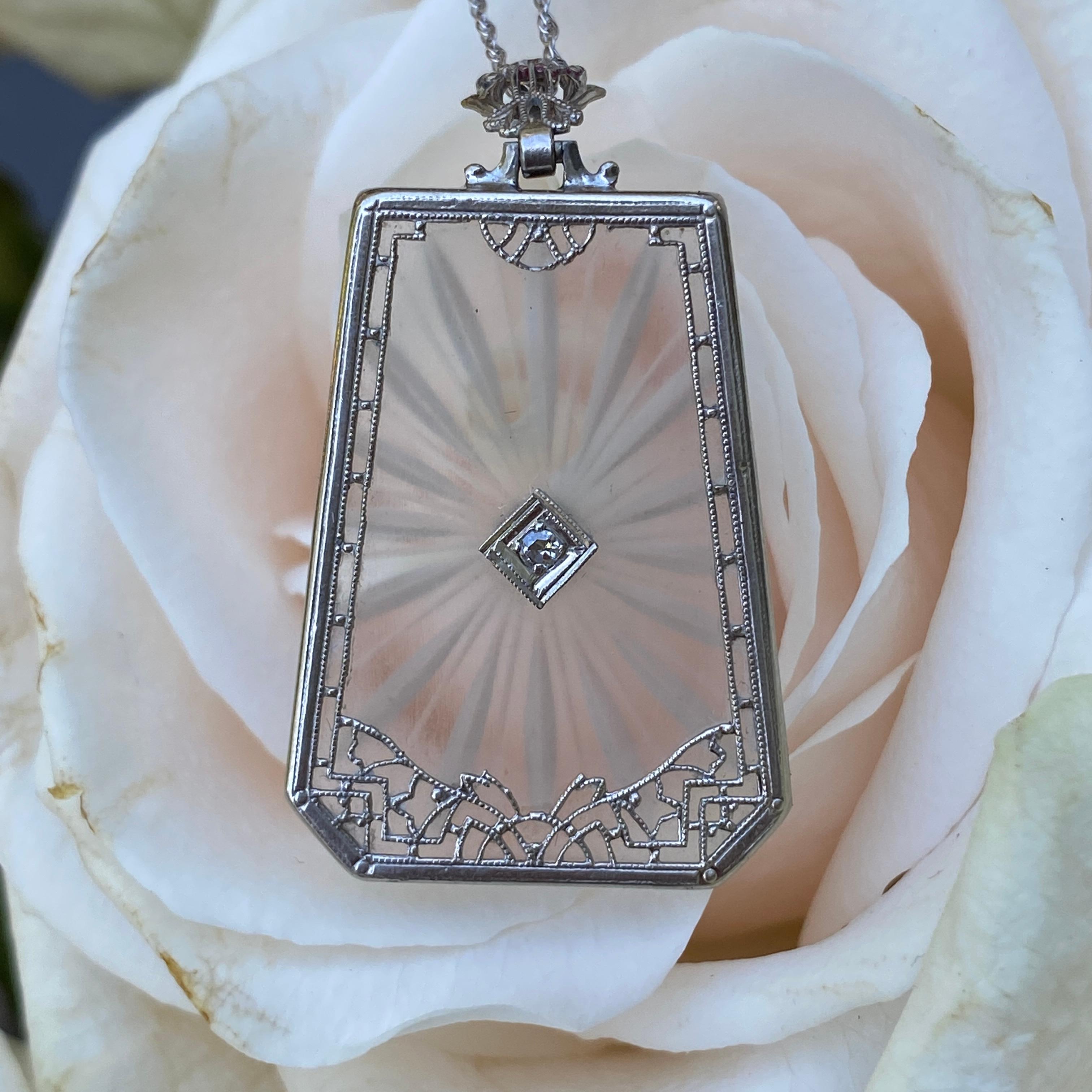 Women's or Men's Art Deco Diamond 14k White Gold Filigree Necklace For Sale