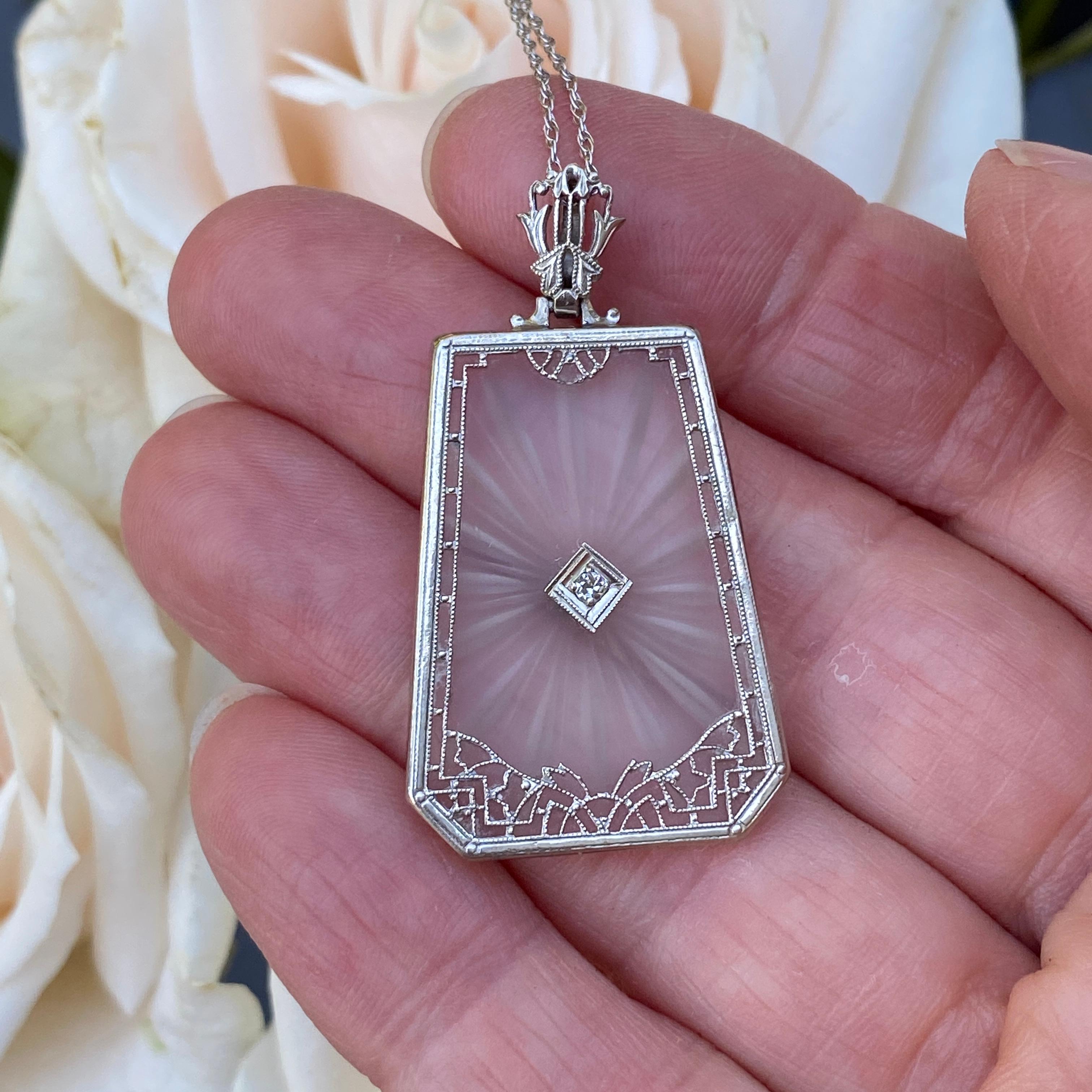 Art Deco Diamond 14k White Gold Filigree Necklace For Sale 1
