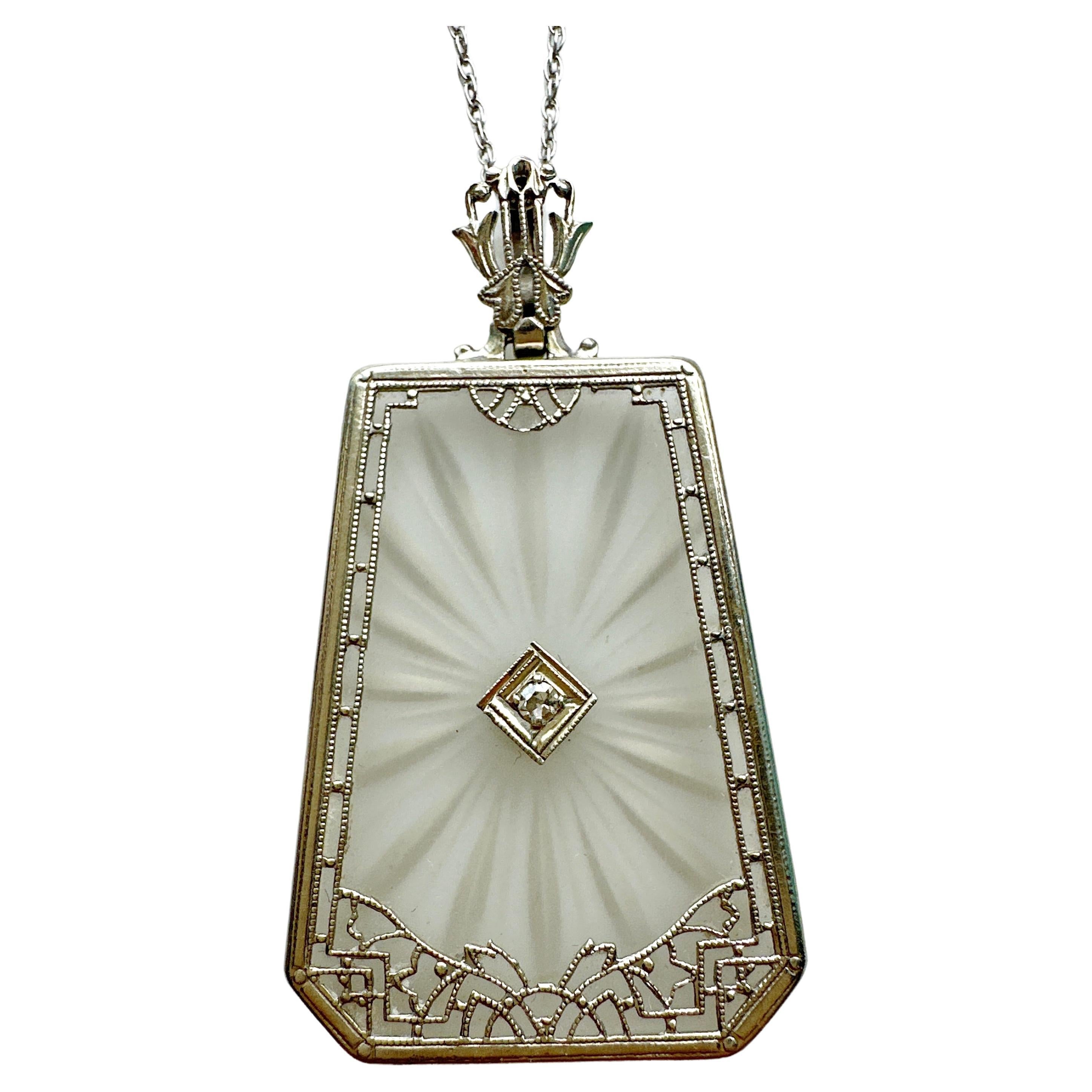 Art Deco Diamond 14k White Gold Filigree Necklace