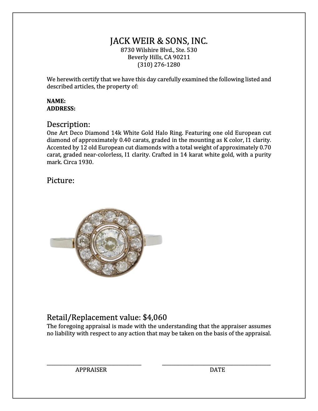 Women's or Men's Art Deco Diamond 14k White Gold Halo Ring