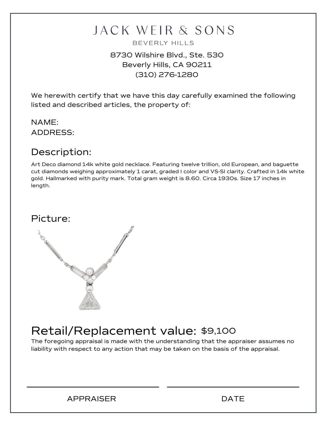Donna Collana Art Deco con diamante in oro bianco 14k in vendita