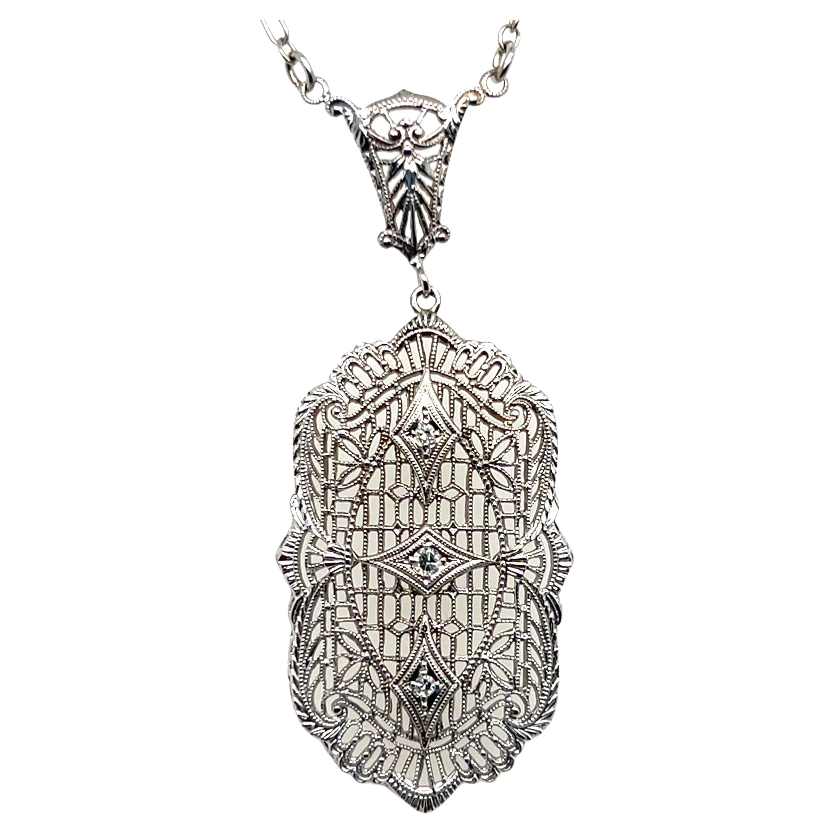 Art Deco Diamond 14k White Gold Openwork Filigree Pendant Necklace 1930s