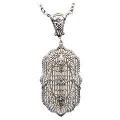 Art Deco Diamond 14k White Gold Openwork Filigree Pendant Necklace 1930s