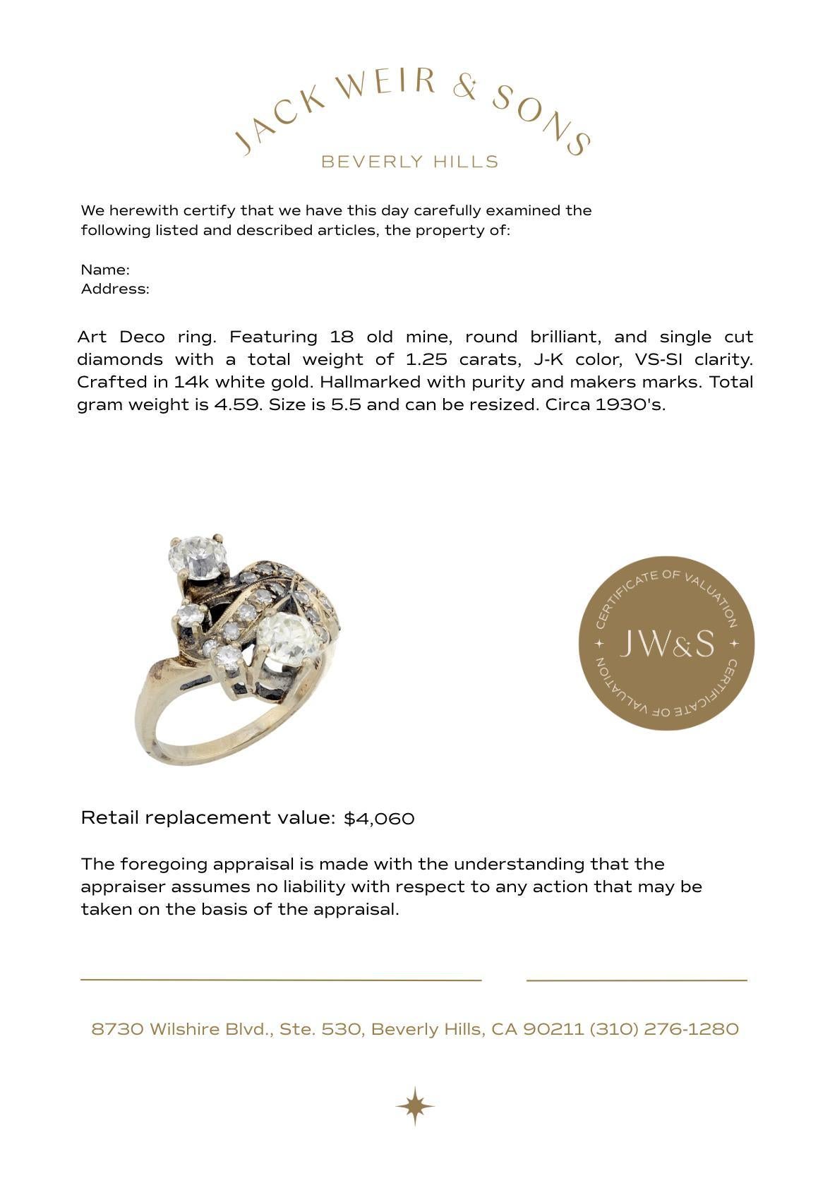 Donna Anello Art Deco con diamante in oro bianco 14k in vendita