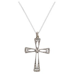 Art Deco diamond 14k yellow gold and platinum cross pendant necklace