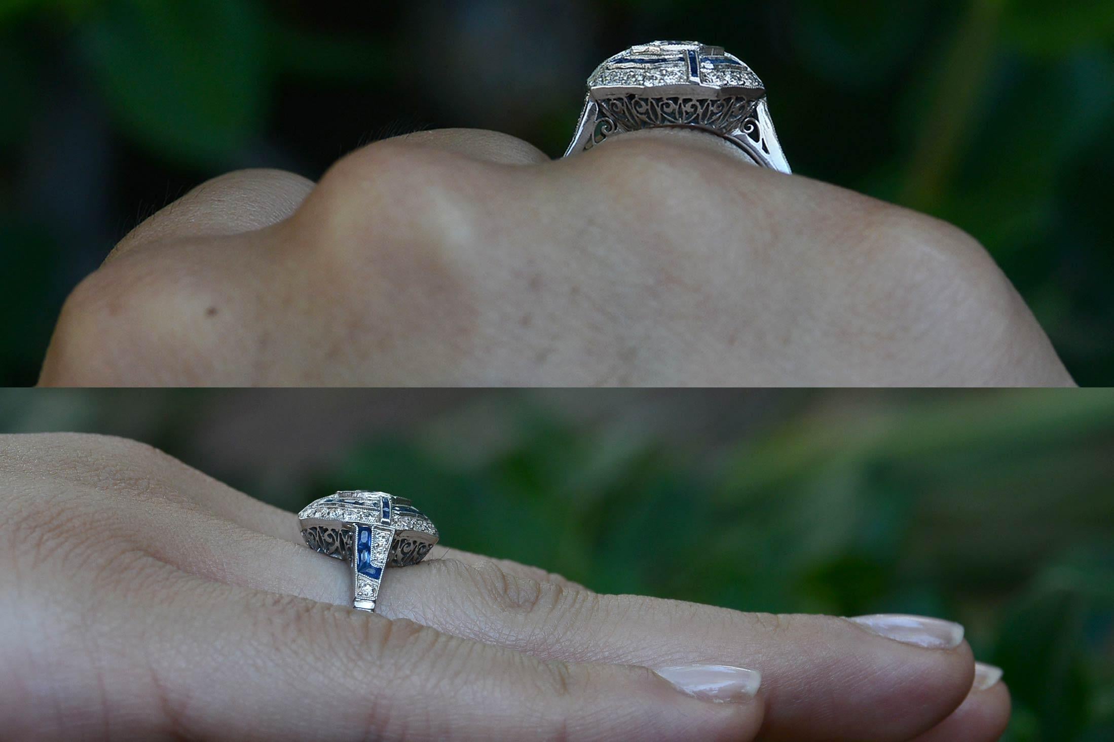 Old European Cut Art Deco Diamond 1.50 Carat Sapphire Ring Cocktail Halo Platinum Octagon