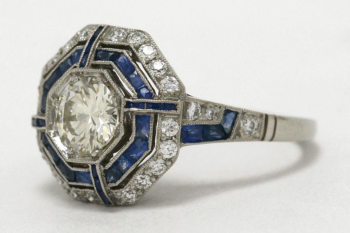 Art Deco Diamond 1.50 Carat Sapphire Ring Cocktail Halo Platinum Octagon In Good Condition In Santa Barbara, CA