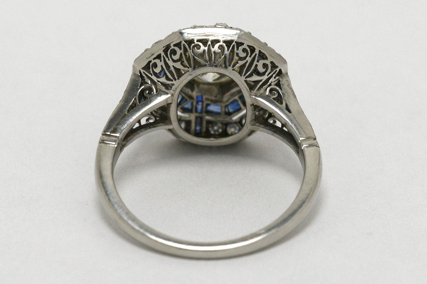 Women's or Men's Art Deco Diamond 1.50 Carat Sapphire Ring Cocktail Halo Platinum Octagon