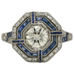Art Deco Diamond 1.50 Carat Sapphire Ring Cocktail Halo Platinum Octagon