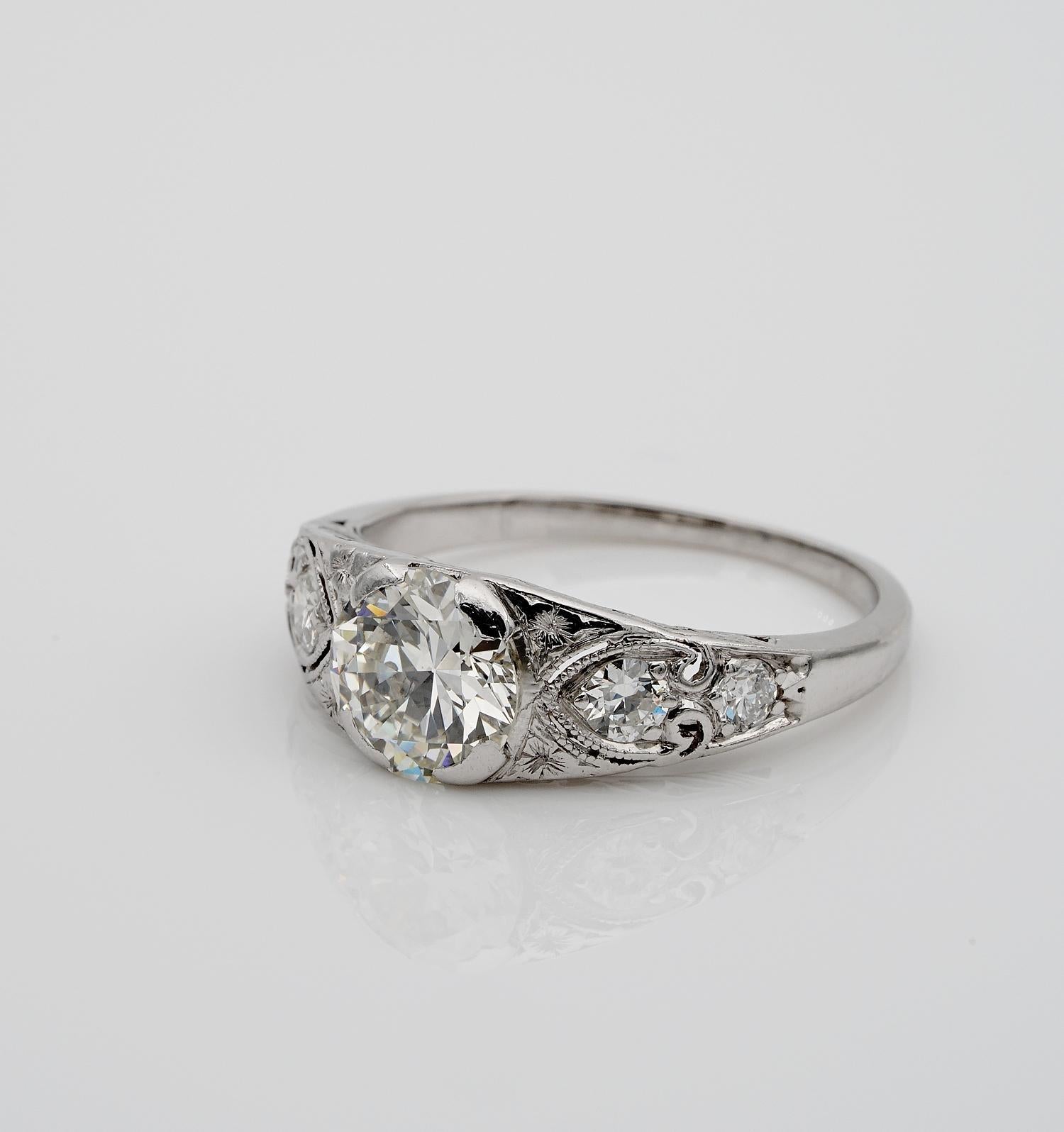 Art Deco Diamond 1.55 Carat Plus I VS2 Rare Platinum Engagement Ring 1