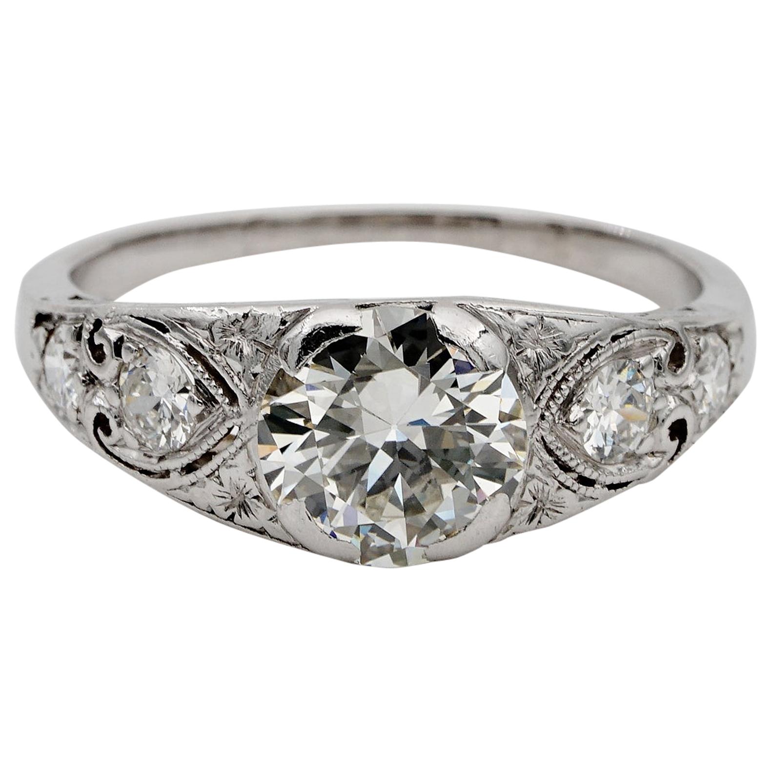 Art Deco Diamond 1.55 Carat Plus I VS2 Rare Platinum Engagement Ring