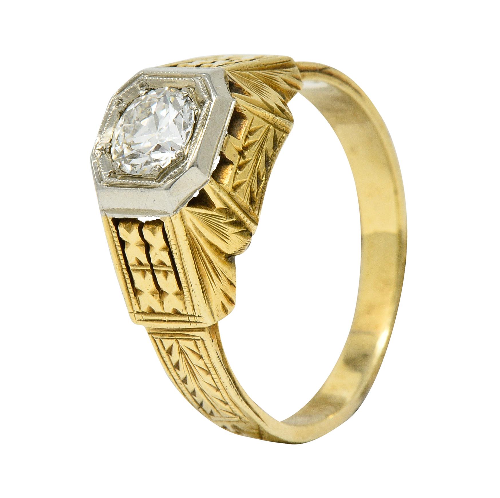 Art Deco Diamond 18 & 14 Karat Two-Tone Gold Unisex Octagonal Ring 6