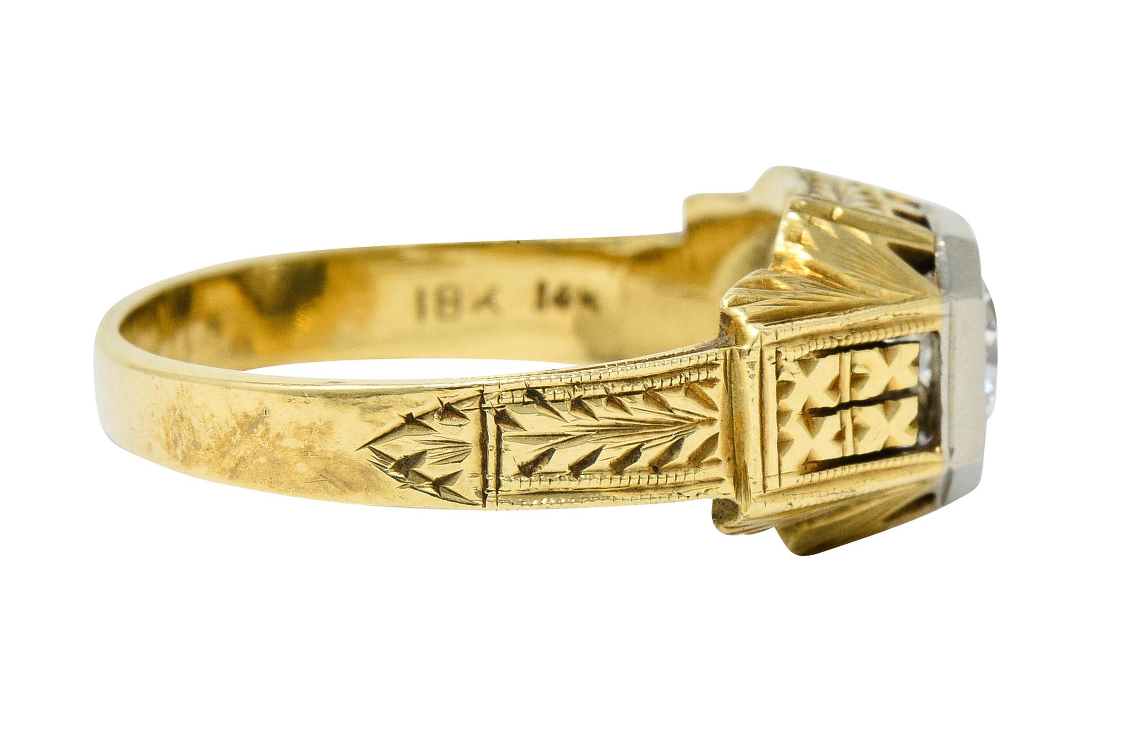 Round Cut Art Deco Diamond 18 & 14 Karat Two-Tone Gold Unisex Octagonal Ring