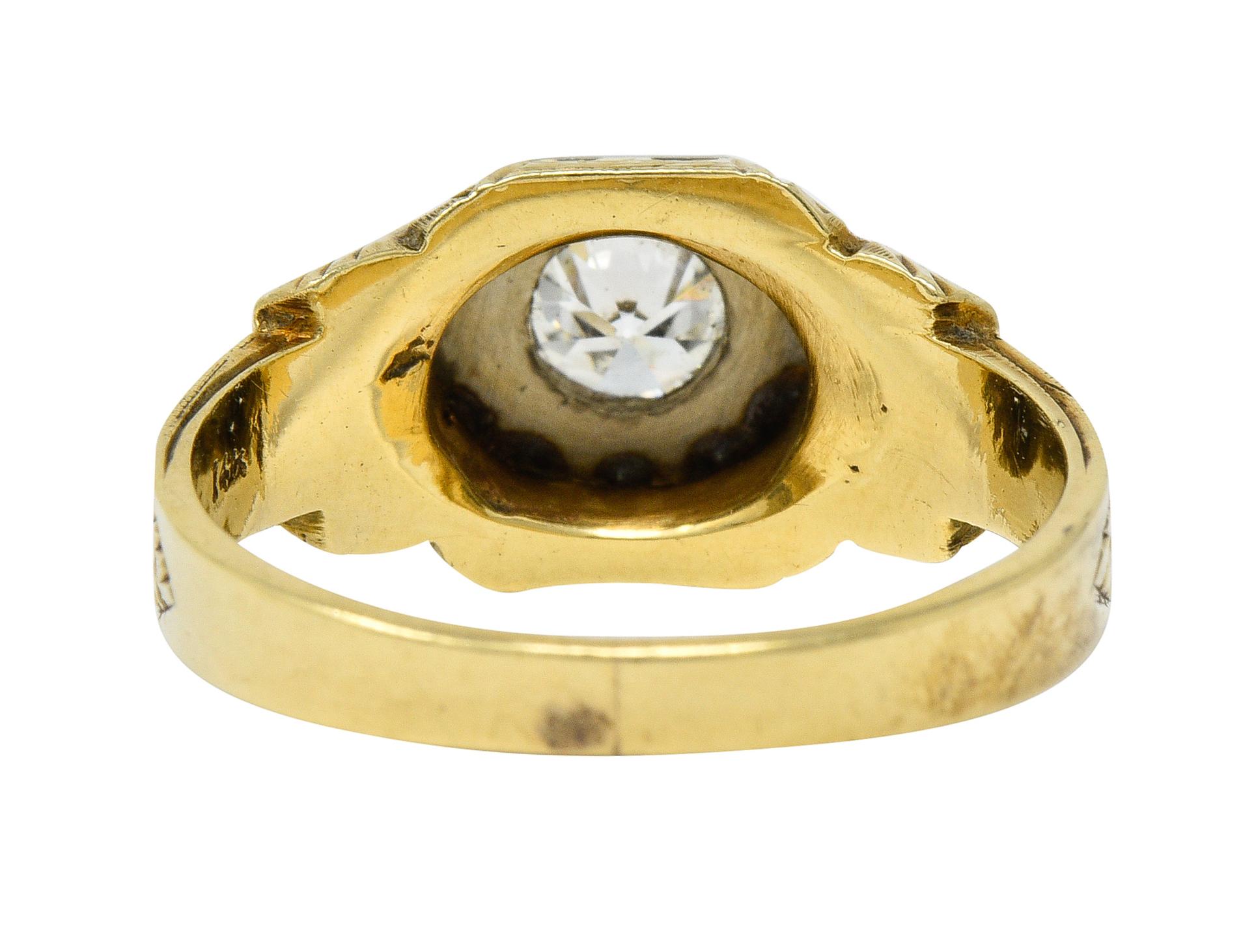 Art Deco Diamond 18 & 14 Karat Two-Tone Gold Unisex Octagonal Ring In Excellent Condition In Philadelphia, PA