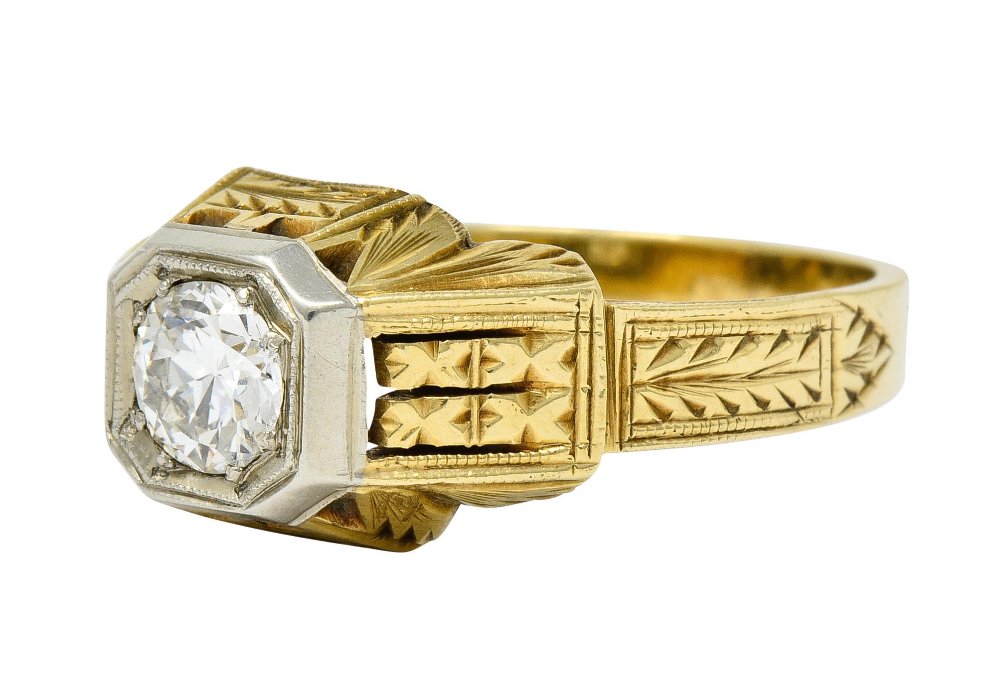 Art Deco Diamond 18 & 14 Karat Two-Tone Gold Unisex Octagonal Ring 2