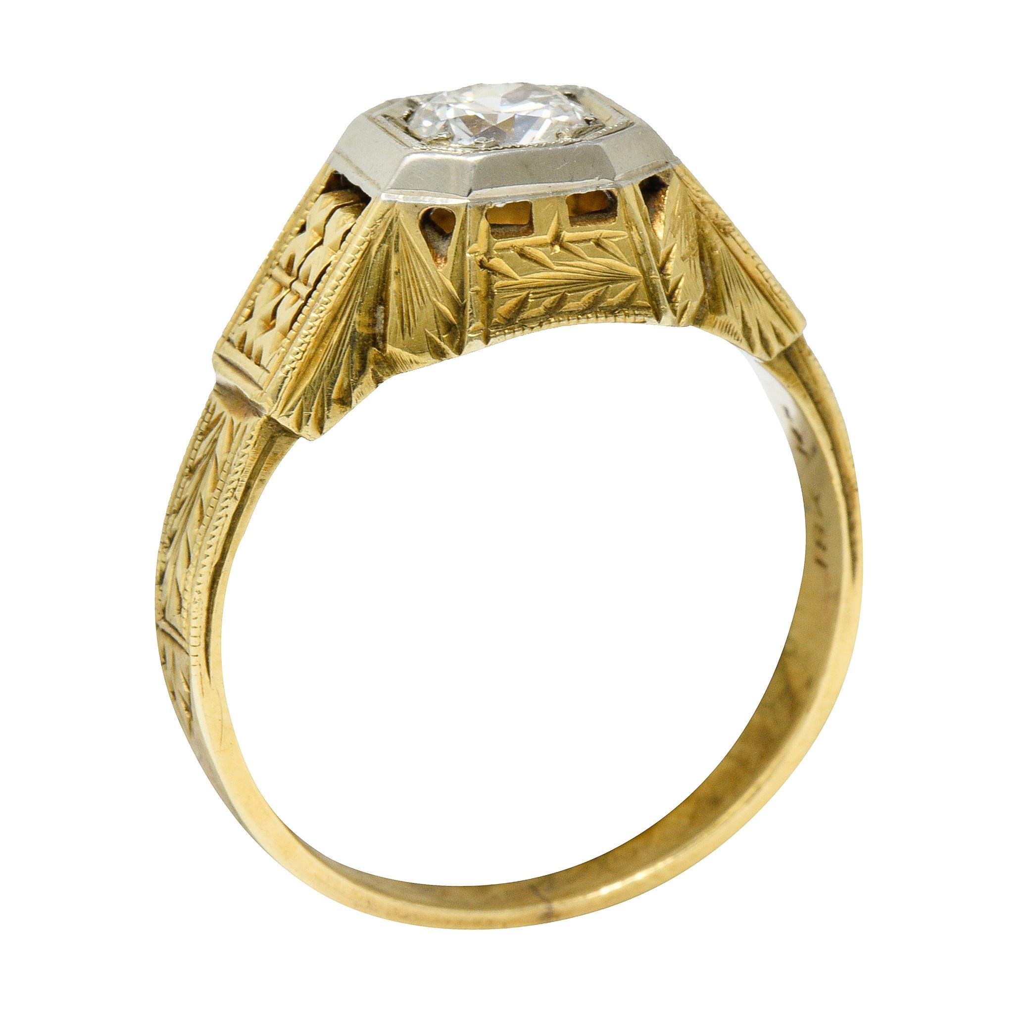 Art Deco Diamond 18 & 14 Karat Two-Tone Gold Unisex Octagonal Ring 3