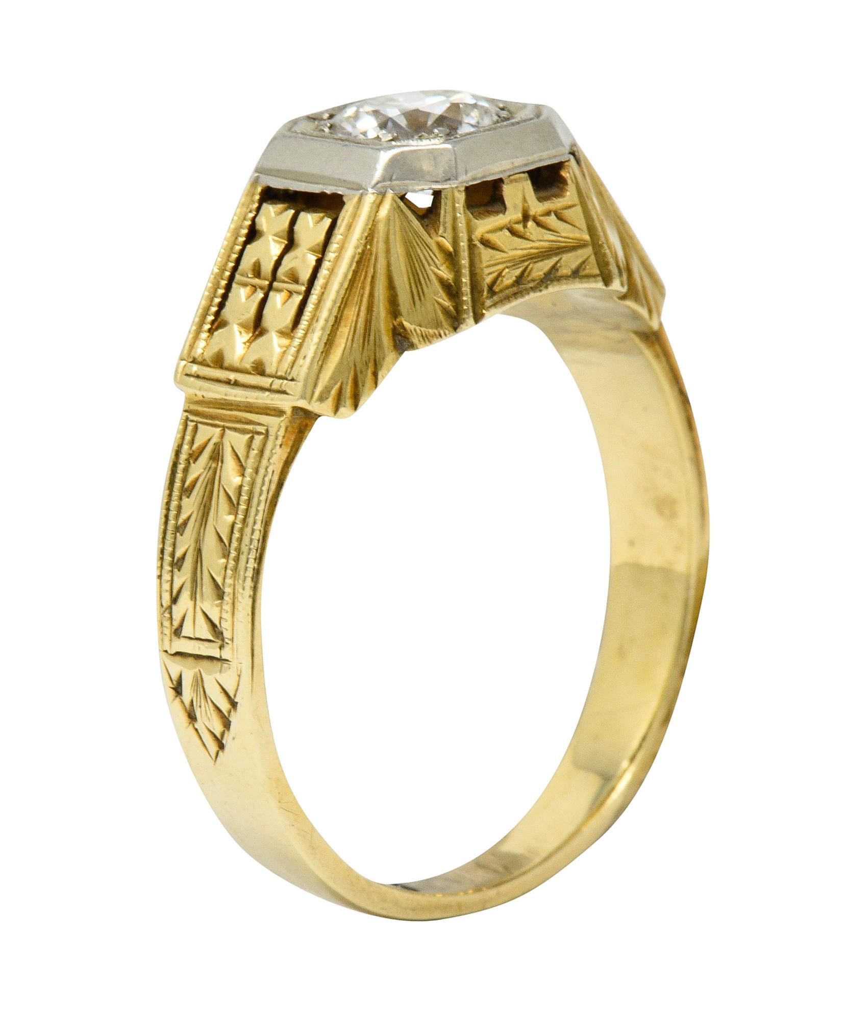 Art Deco Diamond 18 & 14 Karat Two-Tone Gold Unisex Octagonal Ring 4