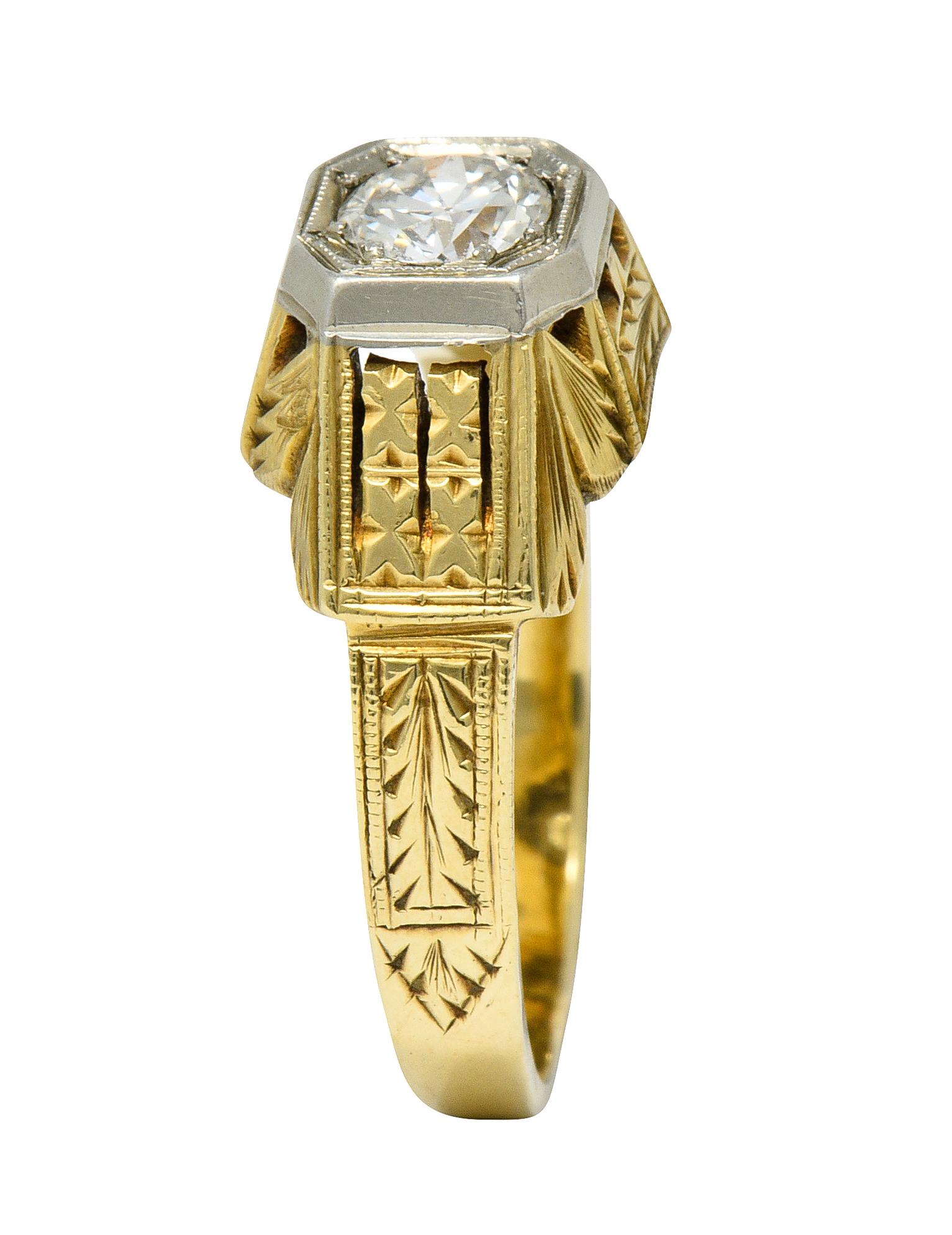 Art Deco Diamond 18 & 14 Karat Two-Tone Gold Unisex Octagonal Ring 5