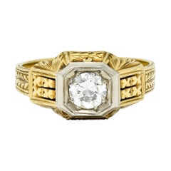 Art Deco Diamond 18 & 14 Karat Two-Tone Gold Unisex Octagonal Ring