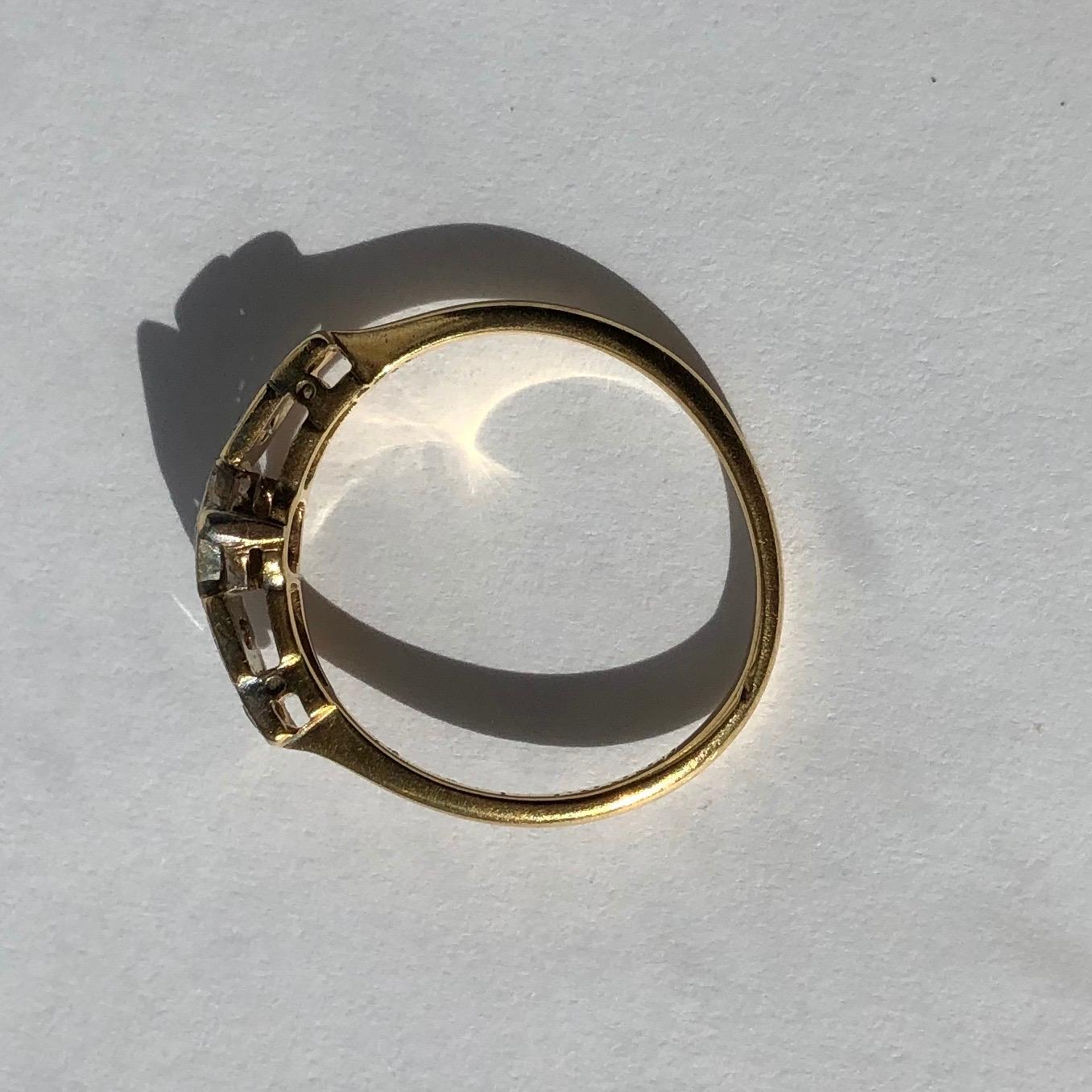 Art Deco Diamant, 18 Karat Gold und Platin Fünf-Stein-Paneel-Ring (Rundschliff) im Angebot