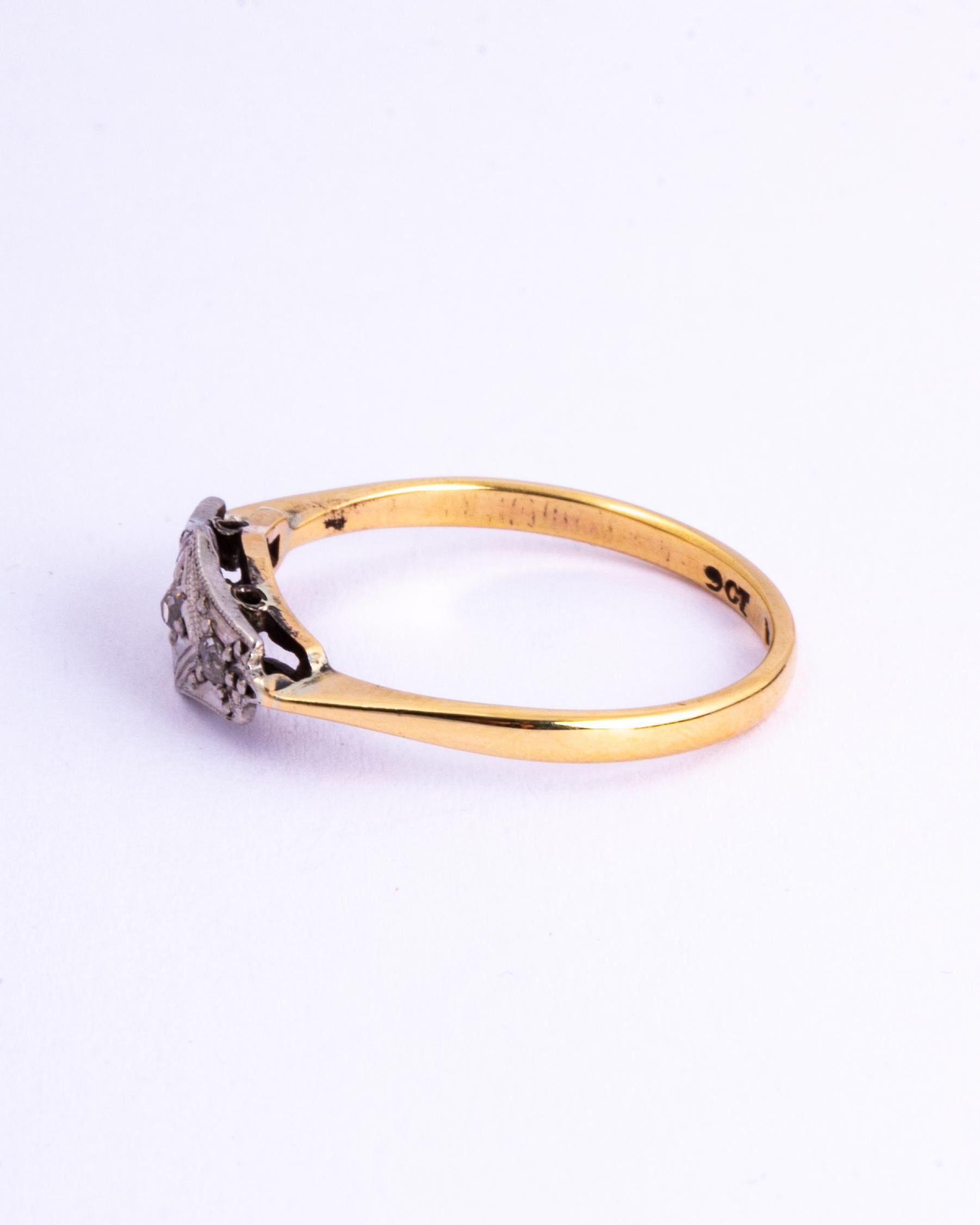 Round Cut Art Deco Diamond, 9Carat Gold and Platinum Panel Ring