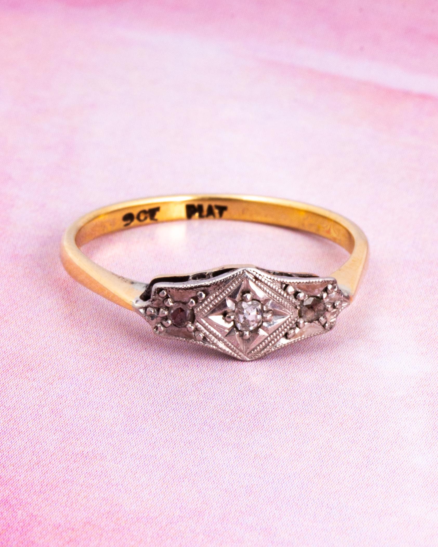 Women's Art Deco Diamond, 9Carat Gold and Platinum Panel Ring