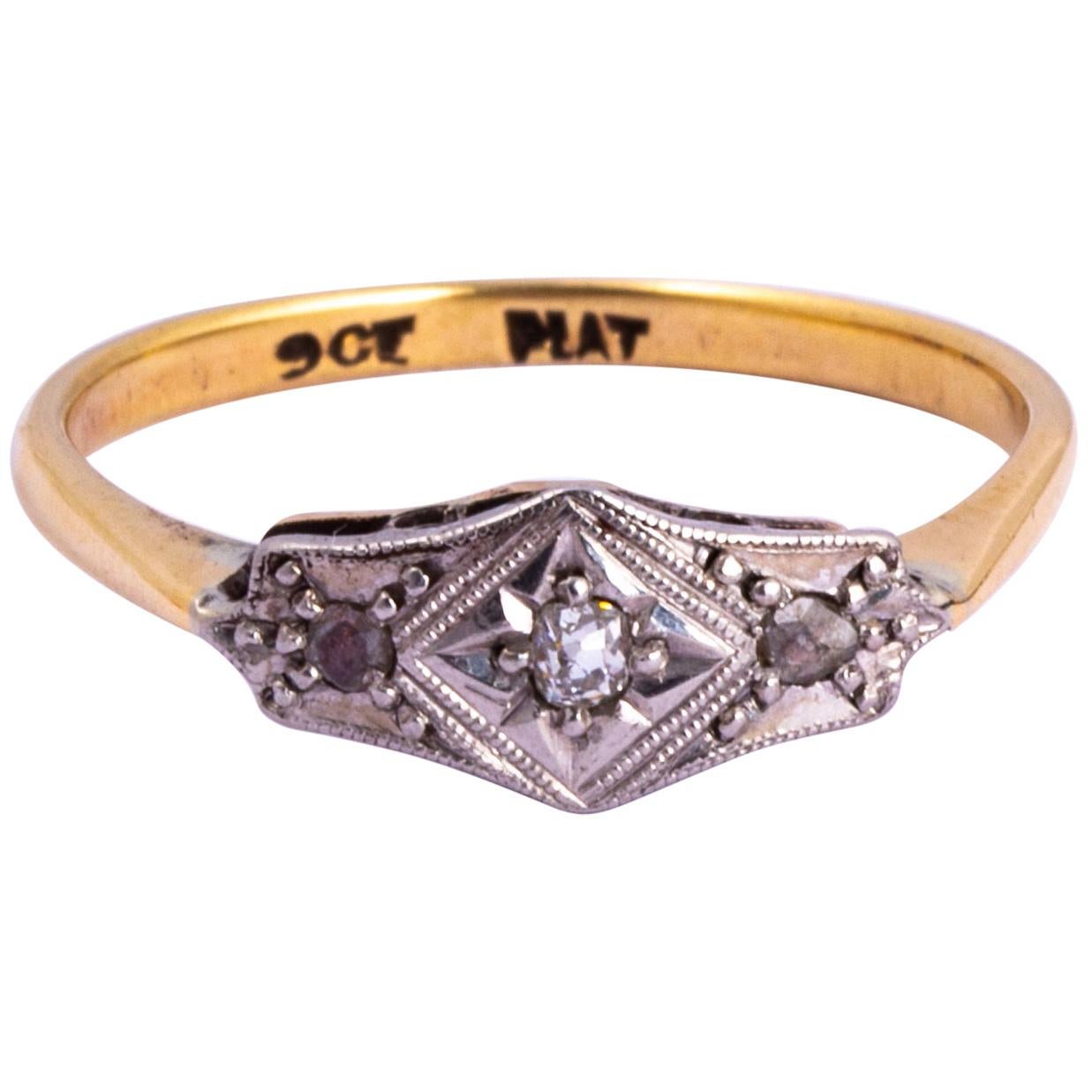 Art Deco Diamond, 9Carat Gold and Platinum Panel Ring