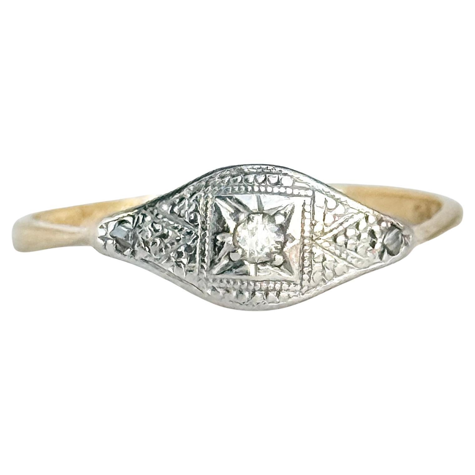 Bague panneau Art déco en or 18 carats et platine avec diamant