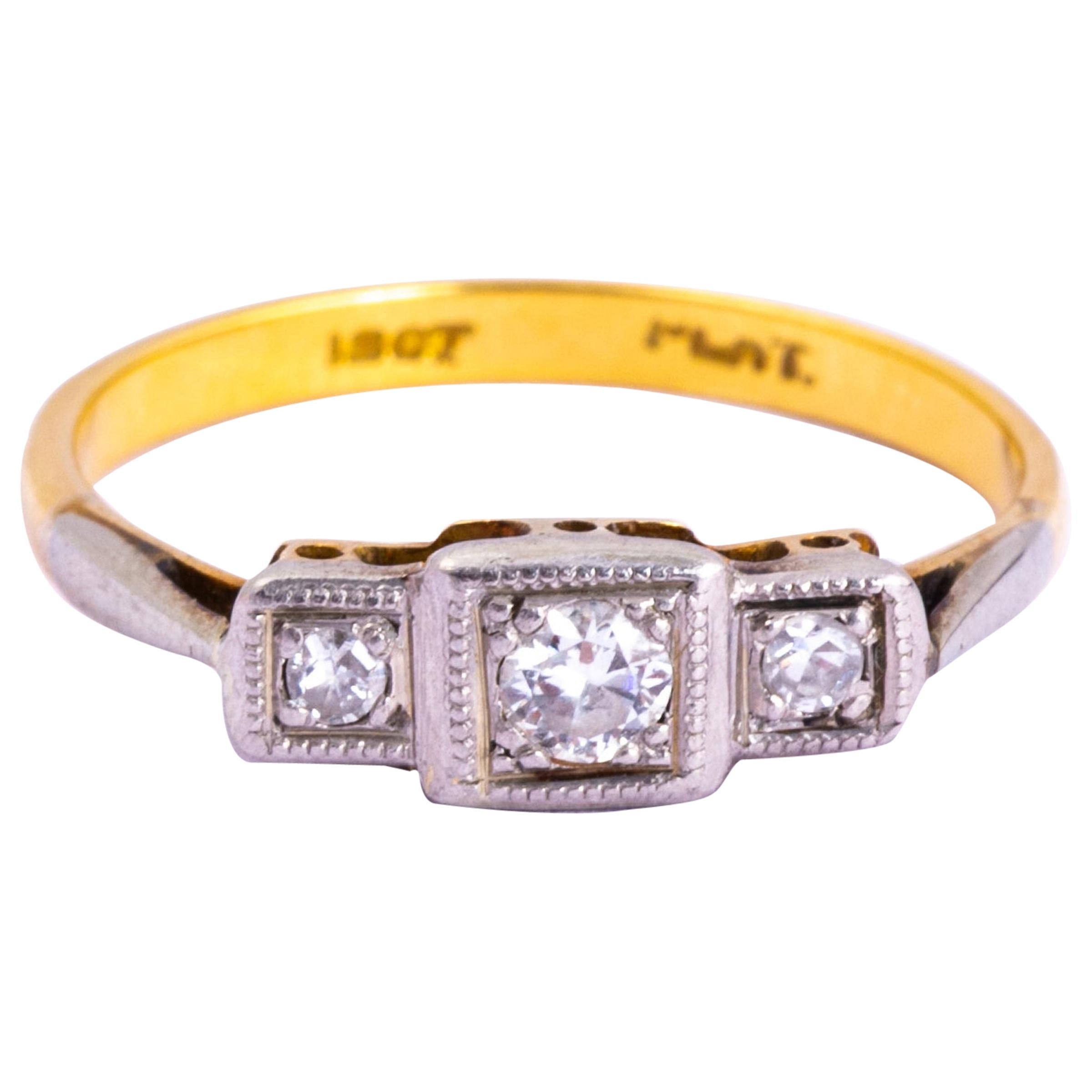 Art Deco Diamond, 18 Carat Gold and Platinum Three-Stone Panel Ring