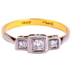 Retro Art Deco Diamond, 18 Carat Gold and Platinum Three-Stone Panel Ring