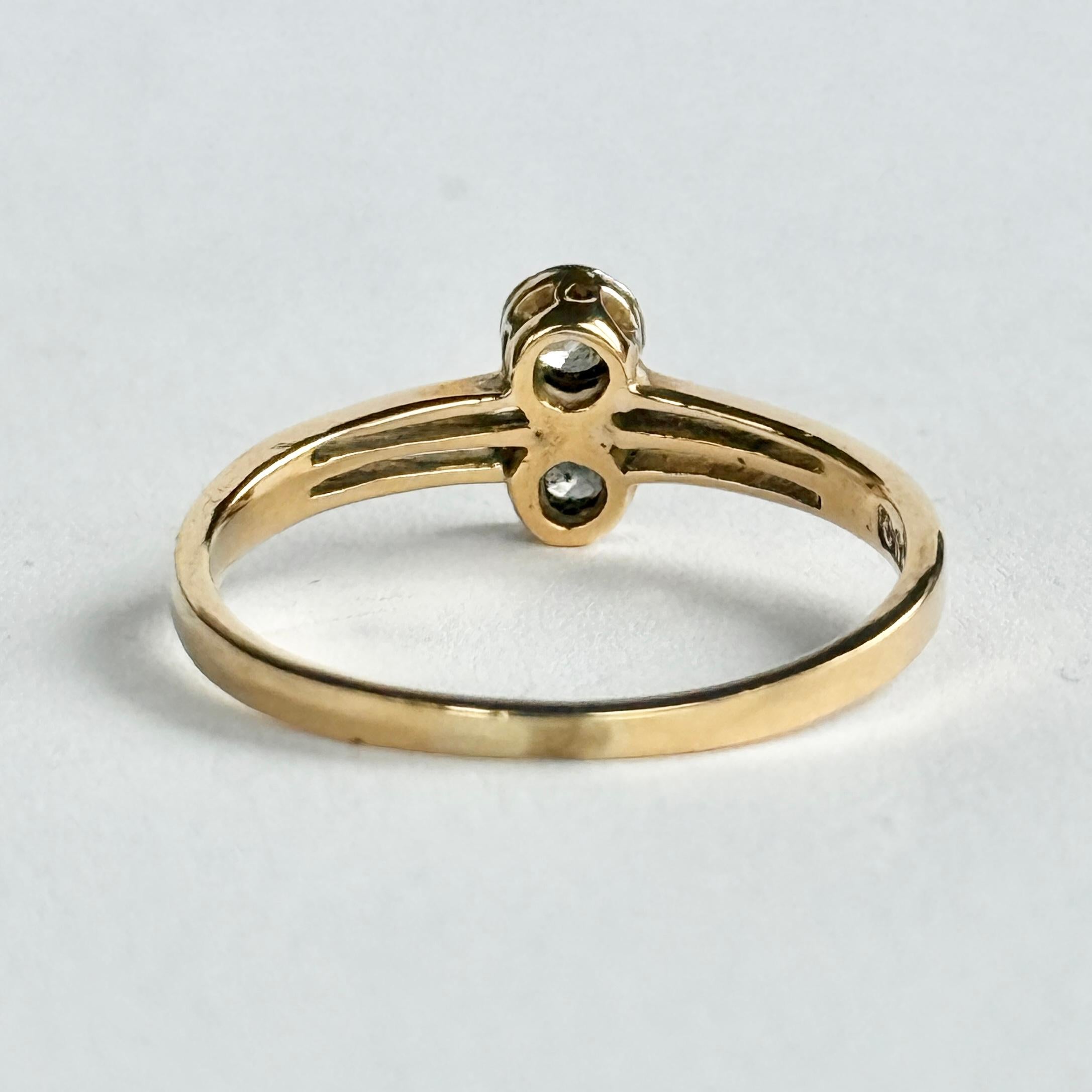 Anello con pannello a due pietre in oro e platino con diamante Art Déco 18 carati in vendita 1